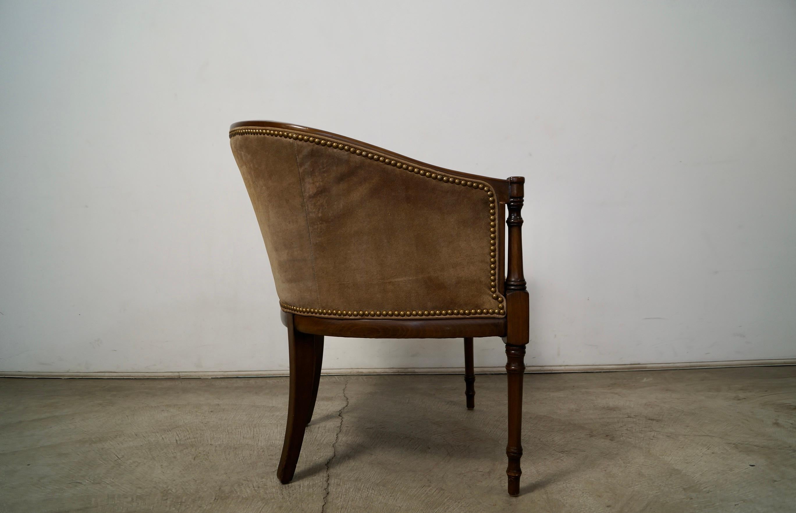 1940's Hollywood Regency Barrel Back Leather Suede Armchair For Sale 9