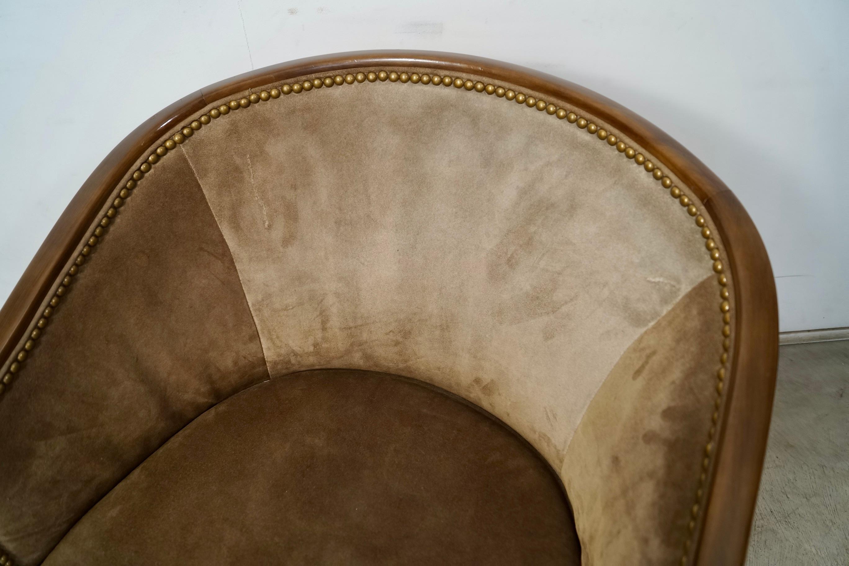 1940's Hollywood Regency Barrel Back Leather Suede Armchair For Sale 11