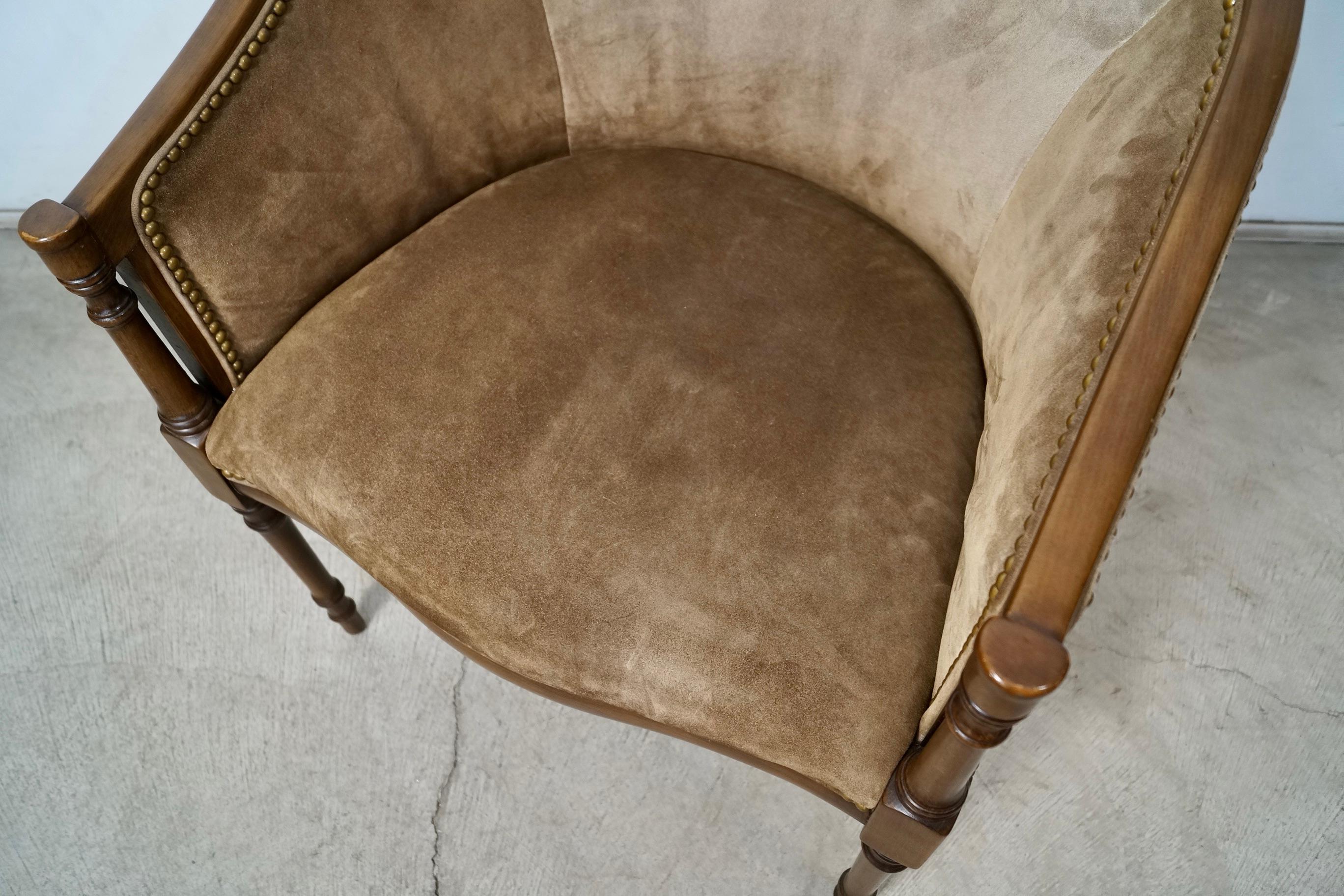 1940's Hollywood Regency Barrel Back Leather Suede Armchair For Sale 12