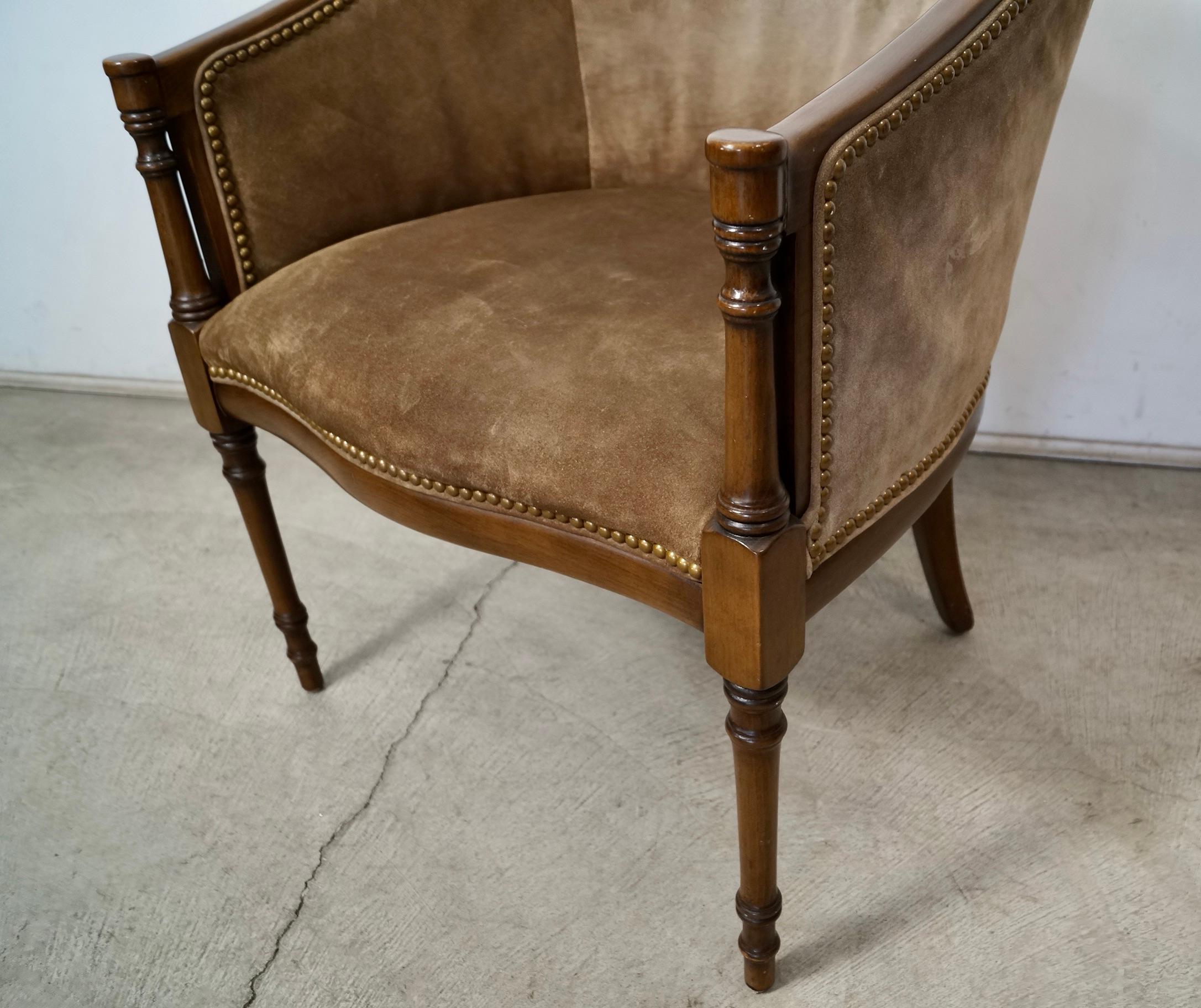 1940's Hollywood Regency Barrel Back Leather Suede Armchair For Sale 13