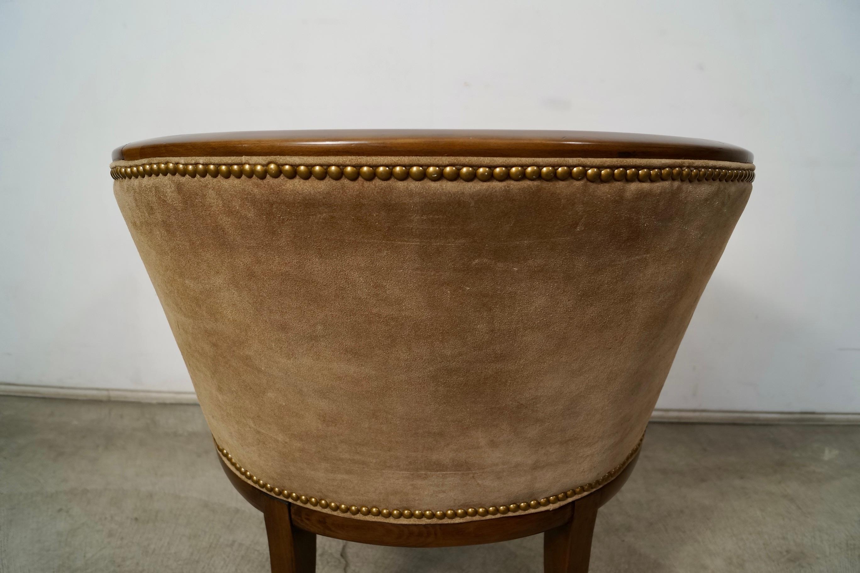 1940's Hollywood Regency Barrel Back Leather Suede Armchair For Sale 14