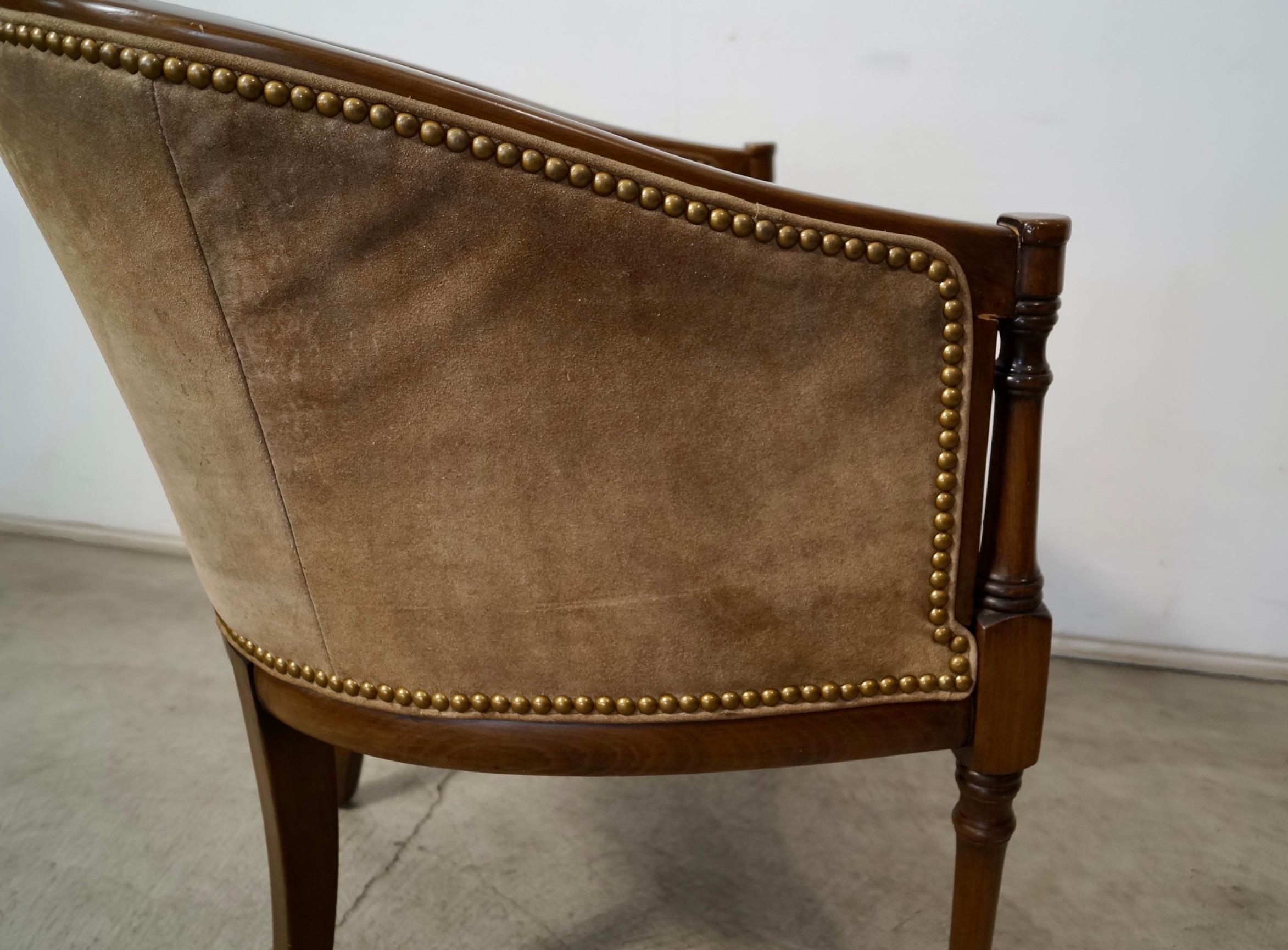 1940's Hollywood Regency Barrel Back Leather Suede Armchair For Sale 15