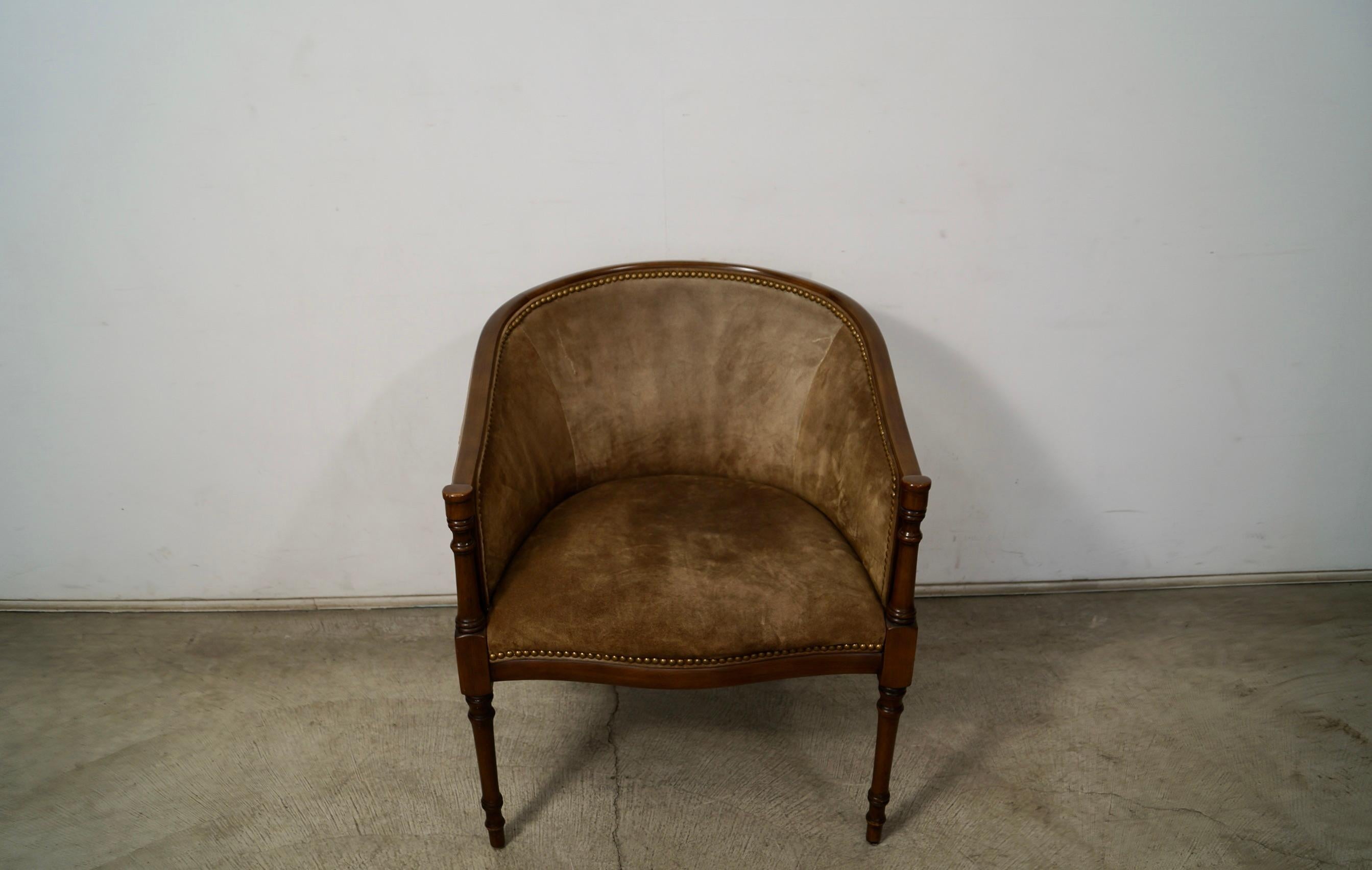 American 1940's Hollywood Regency Barrel Back Leather Suede Armchair For Sale