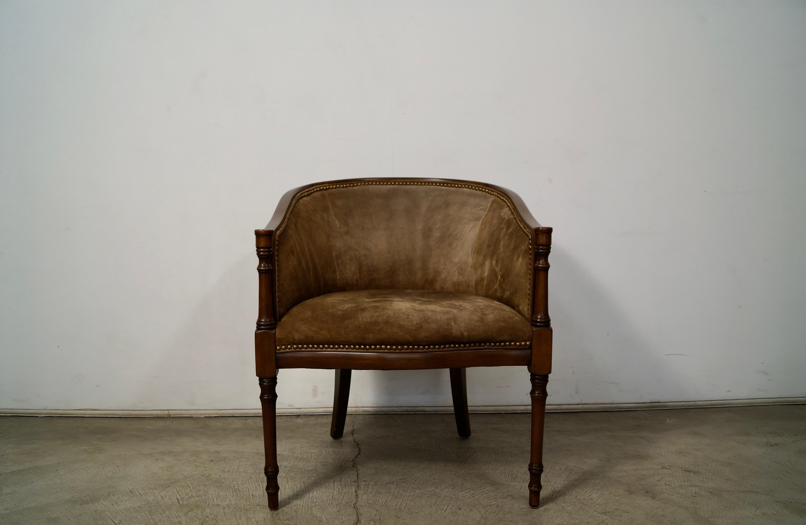 1940's Hollywood Regency Barrel Back Leather Suede Armchair In Good Condition For Sale In Burbank, CA