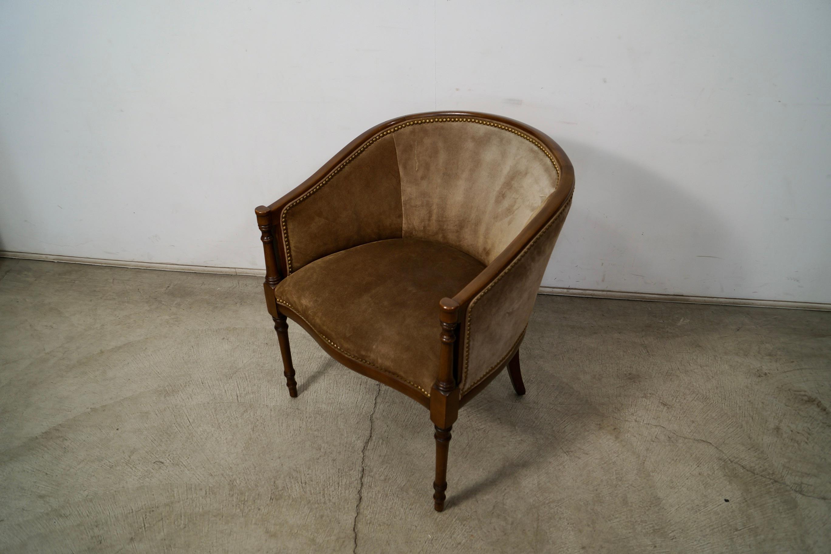 Mid-20th Century 1940's Hollywood Regency Barrel Back Leather Suede Armchair For Sale
