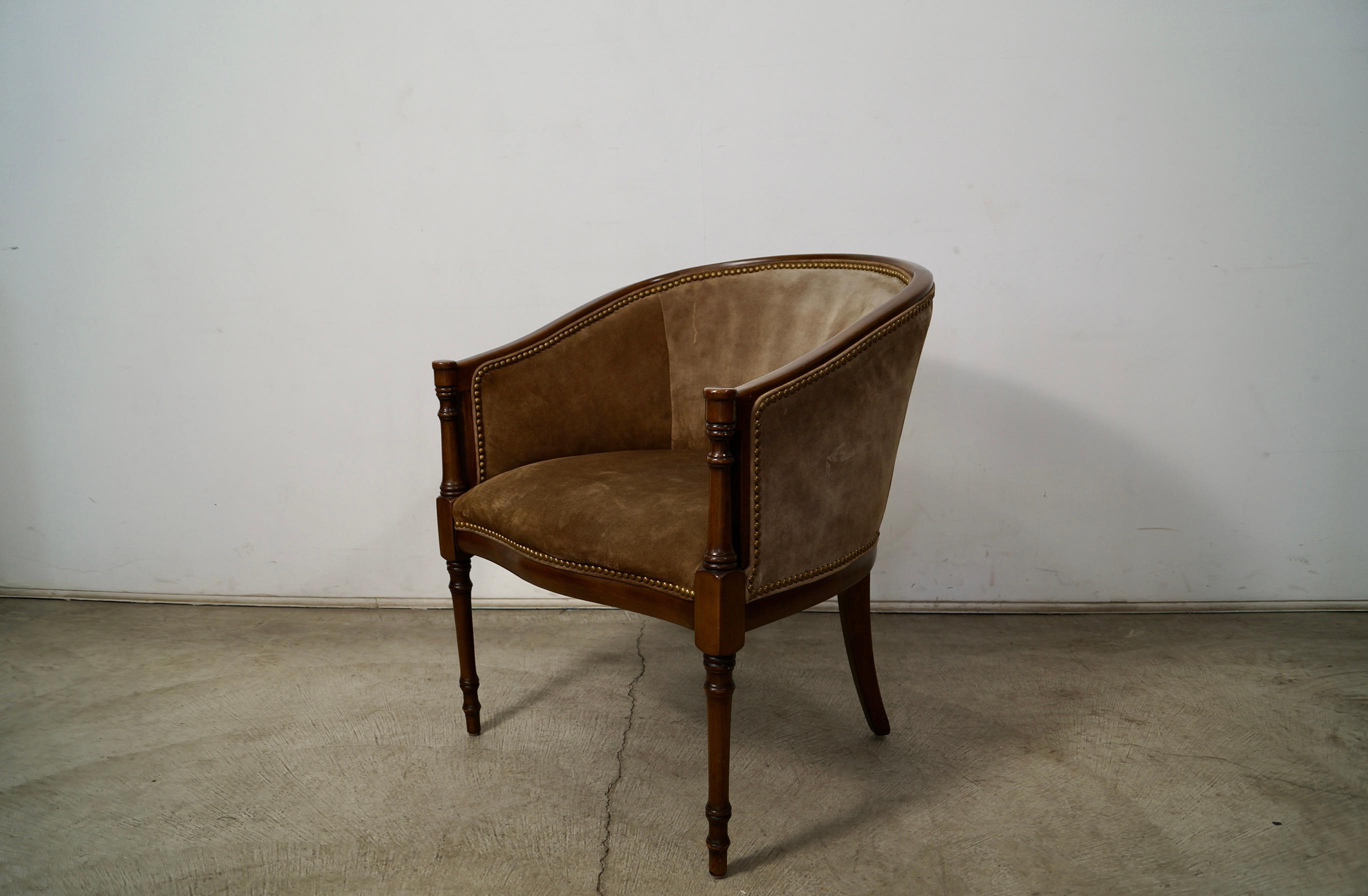 1940's Hollywood Regency Barrel Back Leather Suede Armchair For Sale 1