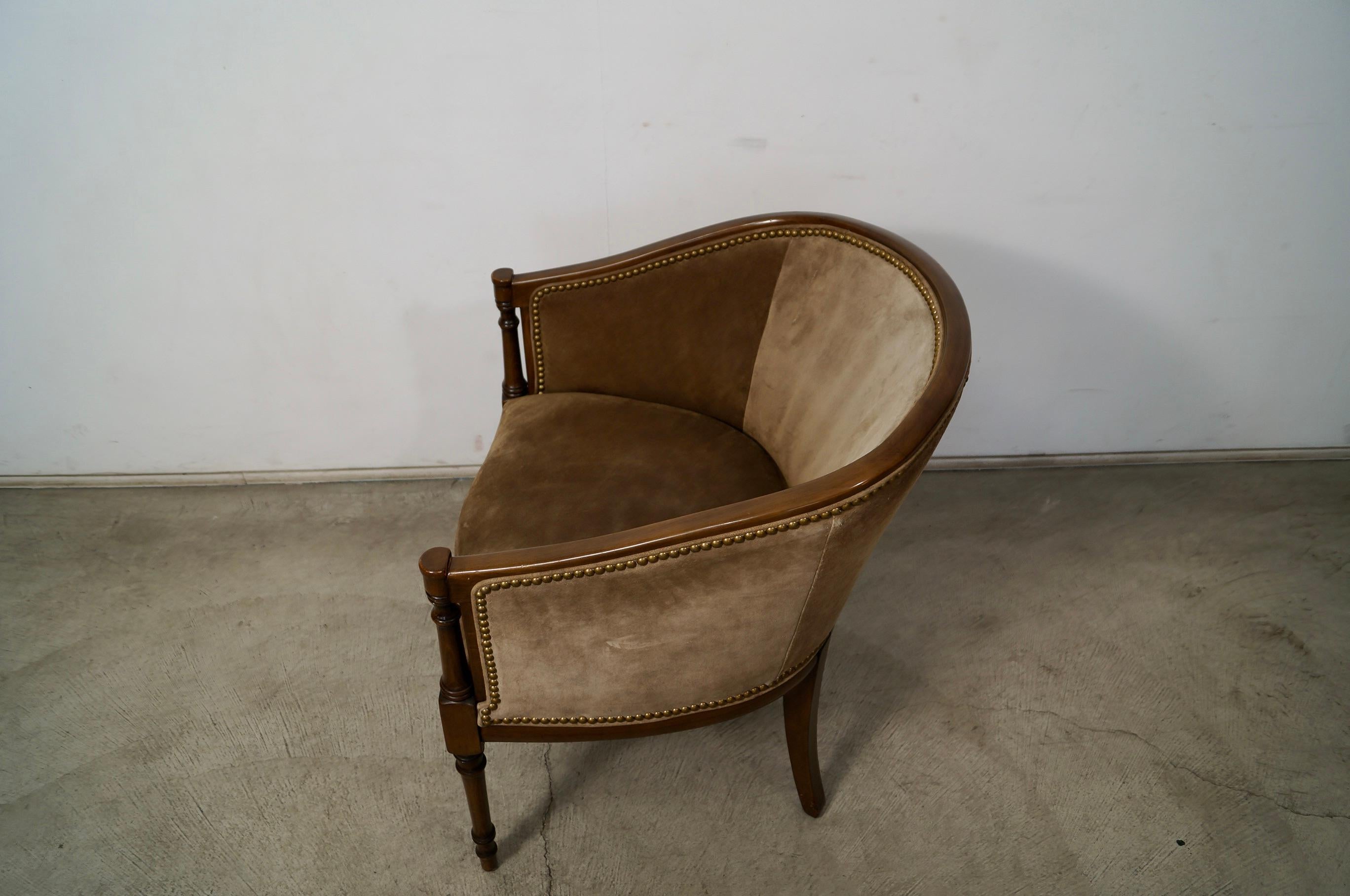 1940's Hollywood Regency Barrel Back Leather Suede Armchair For Sale 3