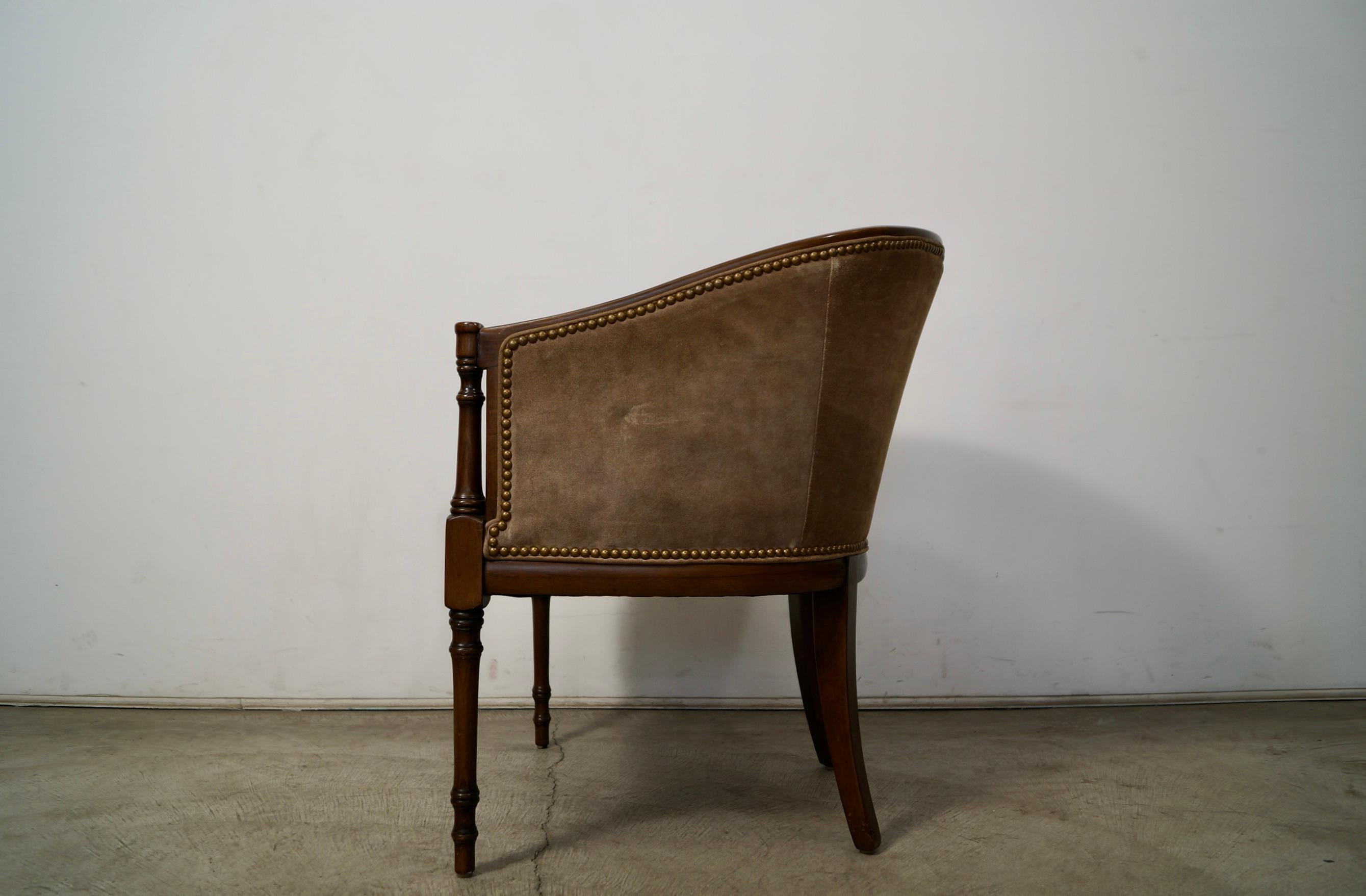 1940's Hollywood Regency Barrel Back Leather Suede Armchair For Sale 4