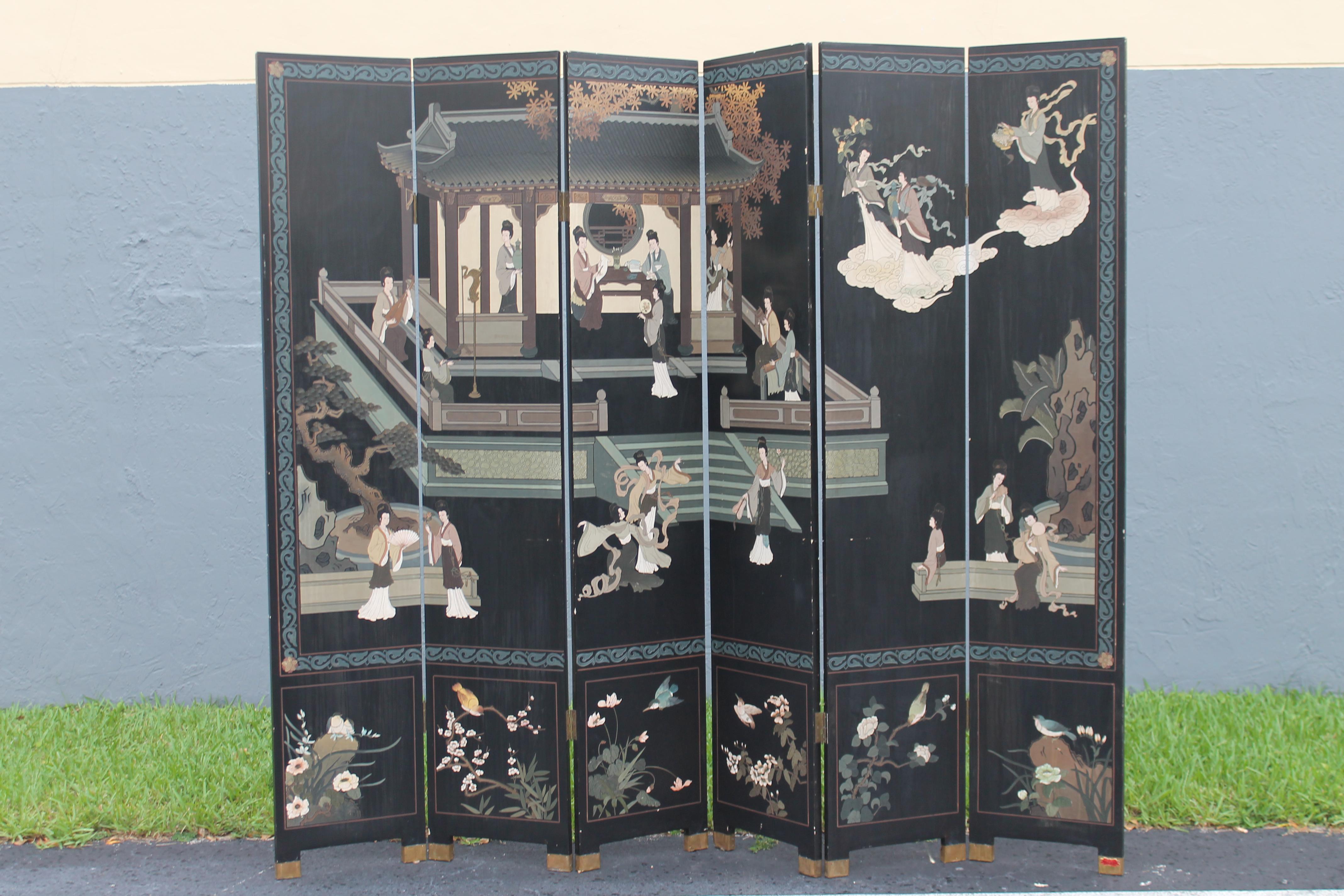 1940's Hollywood Regency Chinoiserie Asian 6 Panel Room Dividing Screen For Sale 5