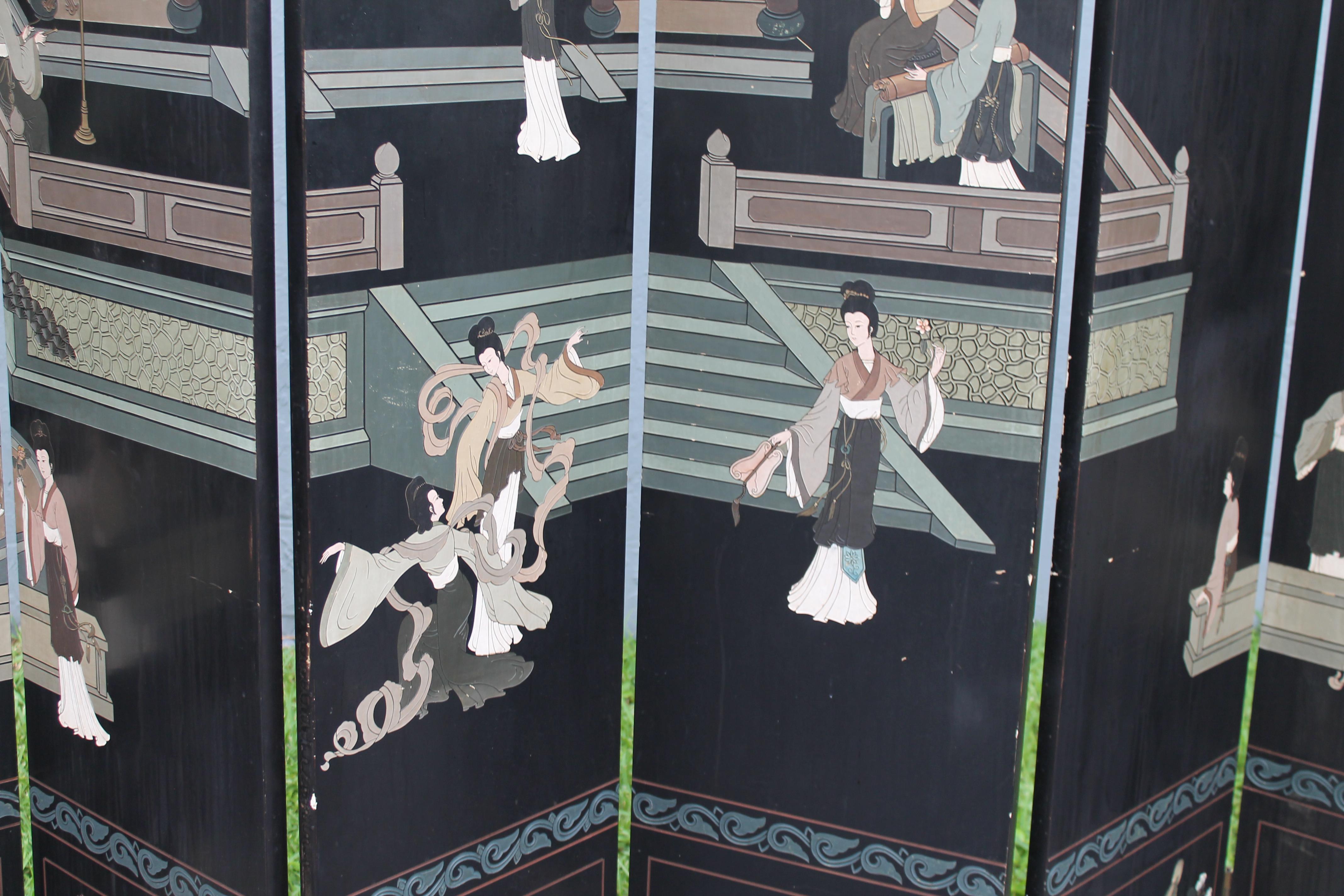1940's Hollywood Regency Chinoiserie Asian 6 Panel Room Dividing Screen For Sale 7
