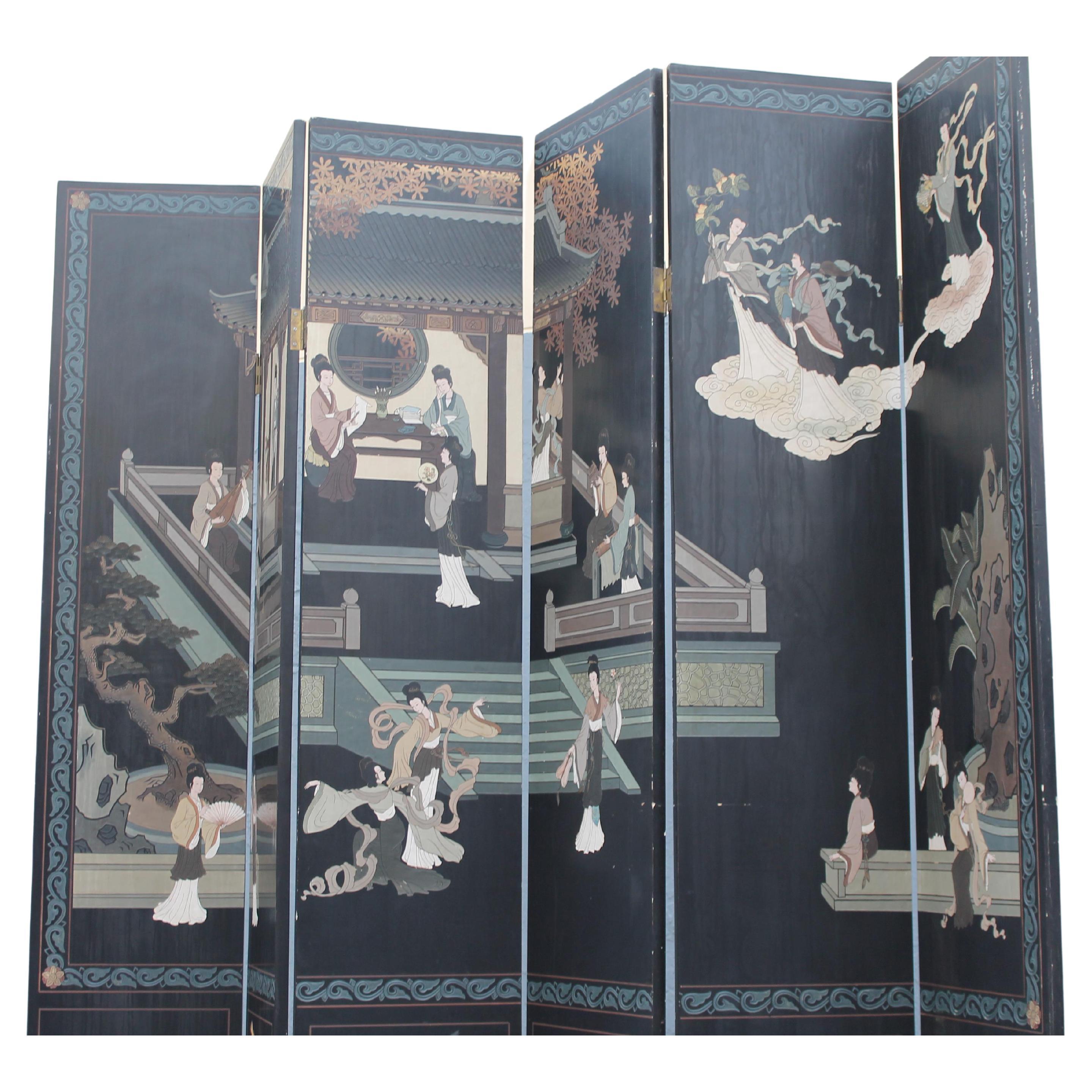 1940's Hollywood Regency Asian Chinoiserie 6 Panelled Room Dividing Screen. Large, hand painted figures, foliage etc. against a black ground. Miami Beach estate acquisition.