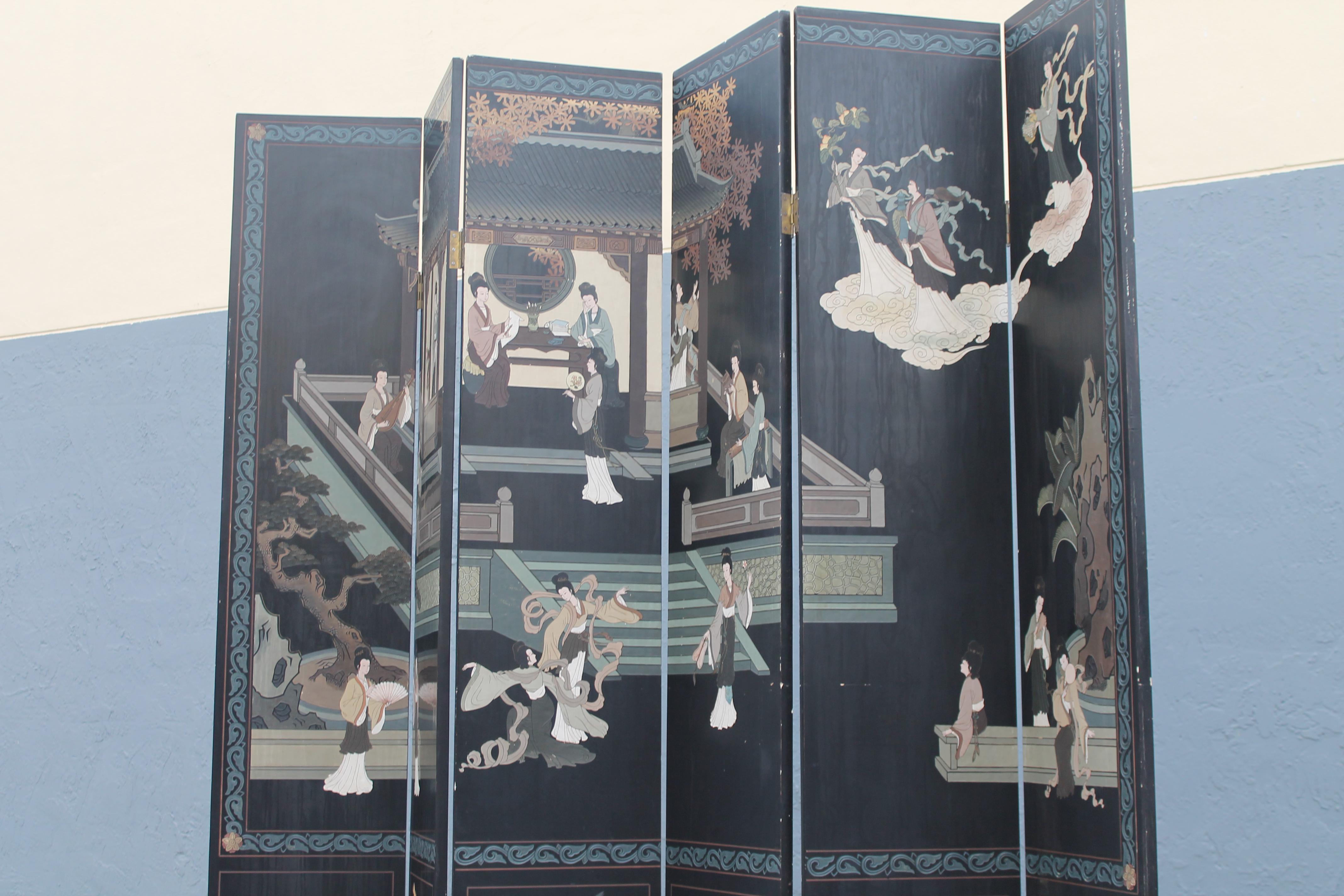 1940's Hollywood Regency Chinoiserie Asian 6 Panel Room Dividing Screen In Good Condition For Sale In Opa Locka, FL