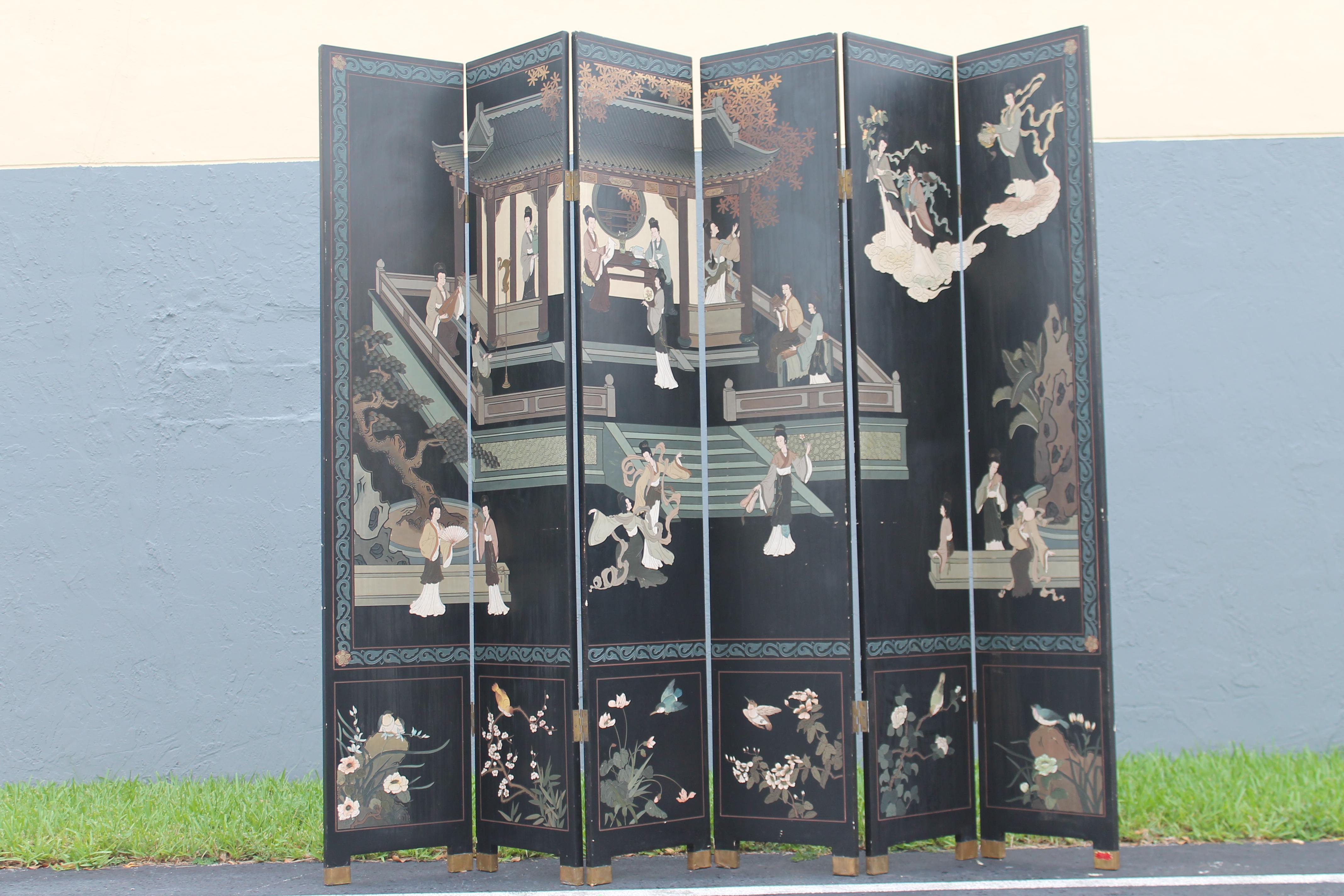 Mid-20th Century 1940's Hollywood Regency Chinoiserie Asian 6 Panel Room Dividing Screen For Sale