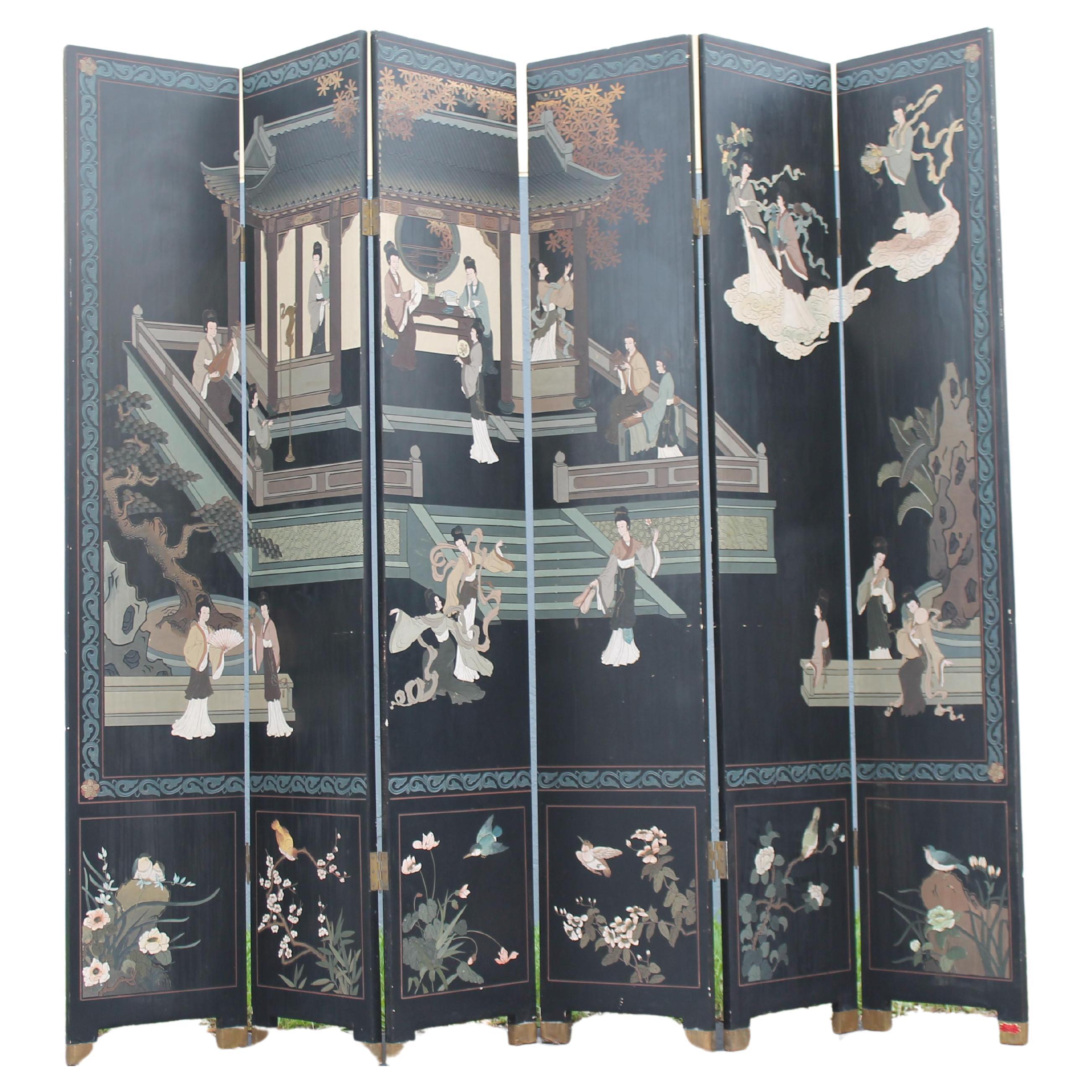 1940's Hollywood Regency Chinoiserie Asian 6 Panel Room Dividing Screen For Sale
