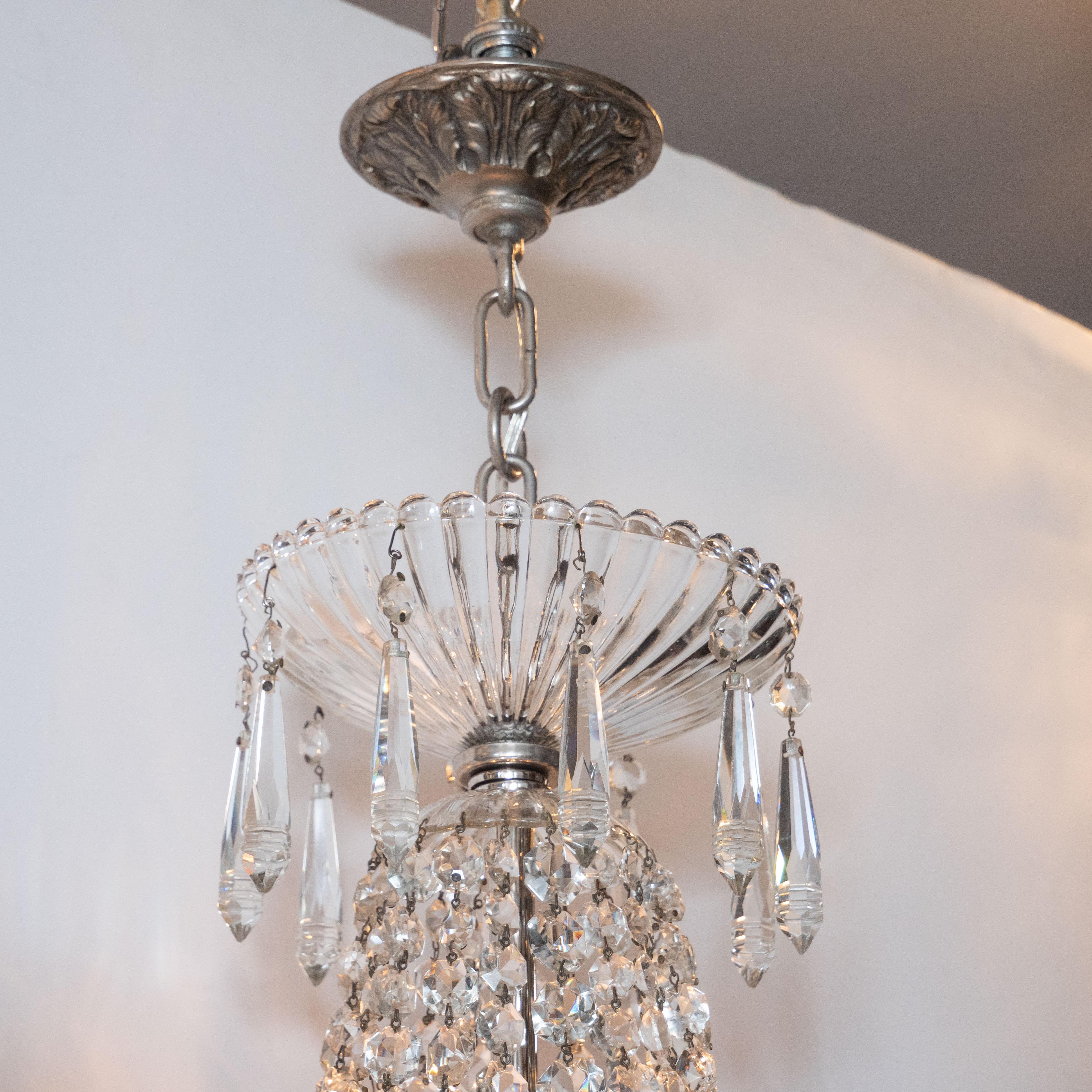 American 1940s Hollywood Regency Cut & Beveled Crystal Chandelier with Silvered Fittings