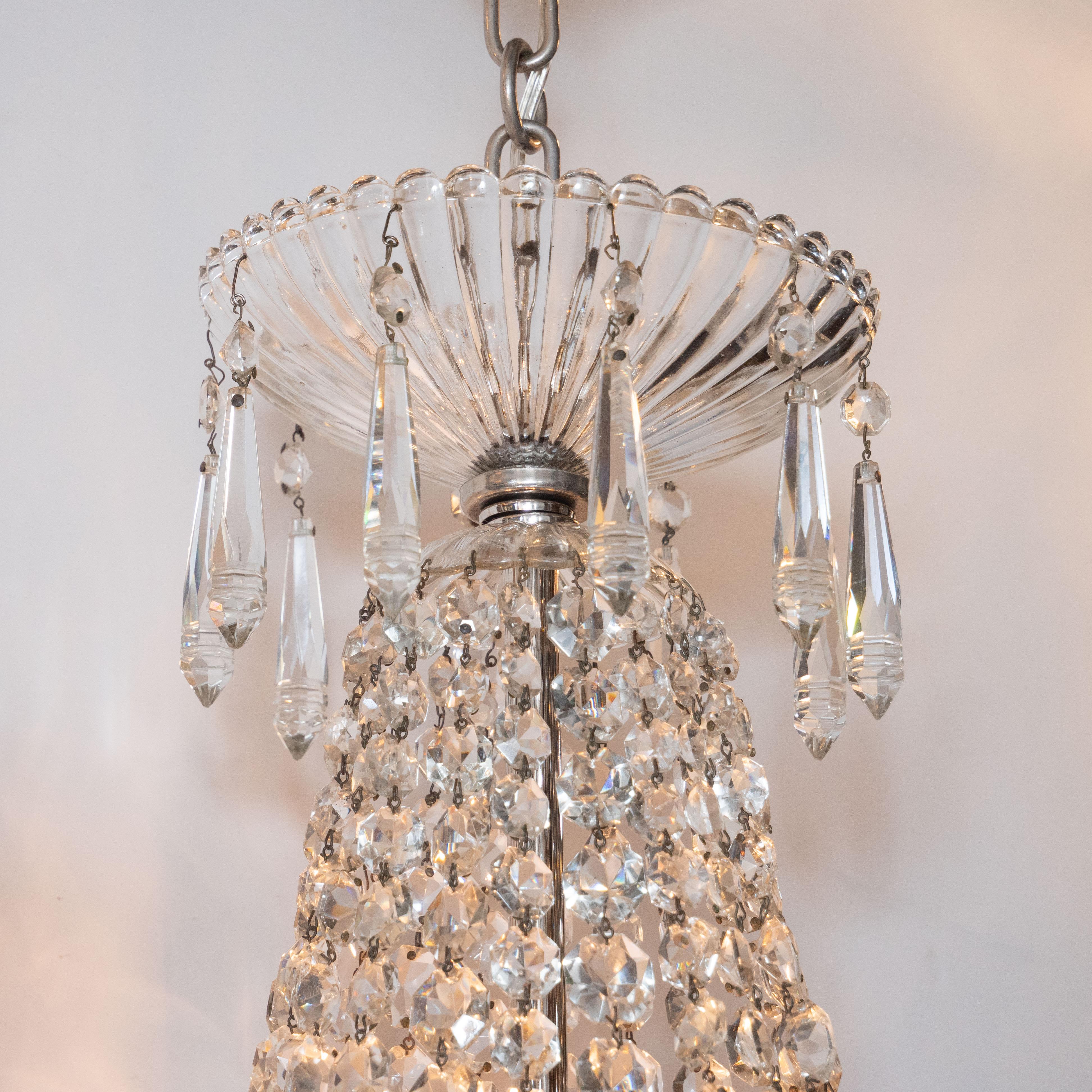 1940s Hollywood Regency Cut & Beveled Crystal Chandelier with Silvered Fittings In Excellent Condition In New York, NY