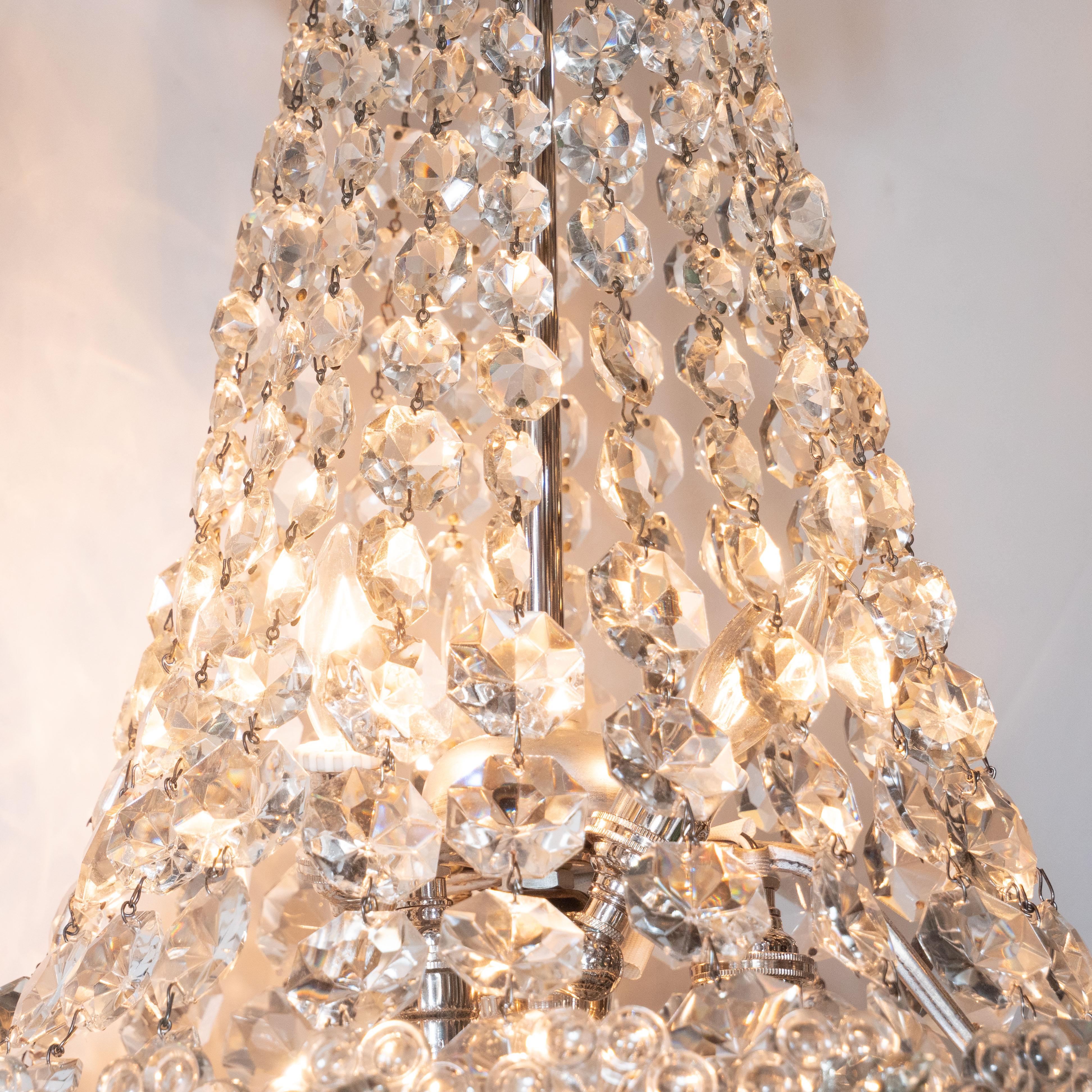 Mid-20th Century 1940s Hollywood Regency Cut & Beveled Crystal Chandelier with Silvered Fittings