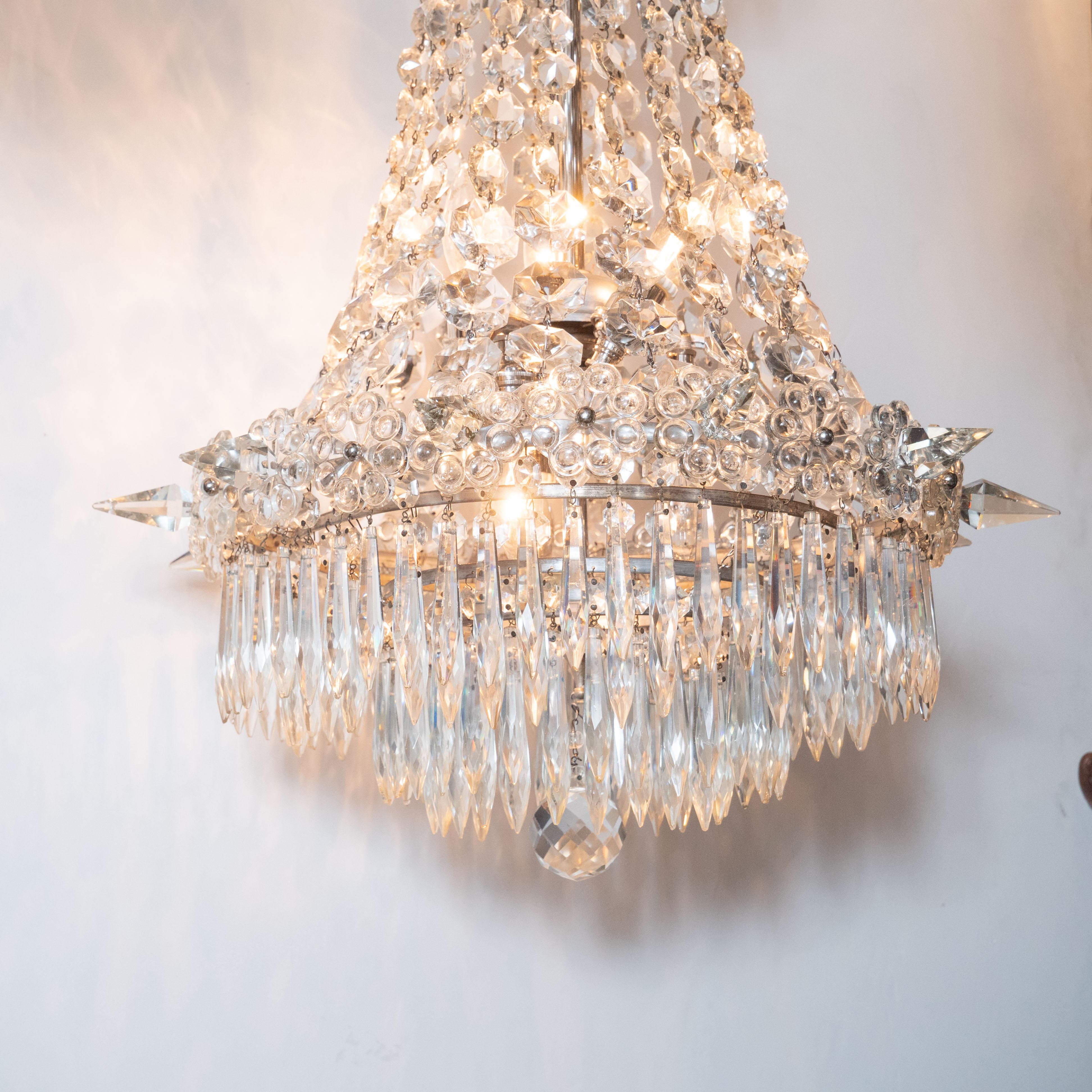 Bronze 1940s Hollywood Regency Cut & Beveled Crystal Chandelier with Silvered Fittings