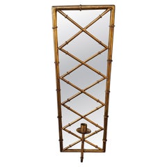 1940's Hollywood Regency Gilt Iron Faux Bamboo Wall Mirror with Candle Holder