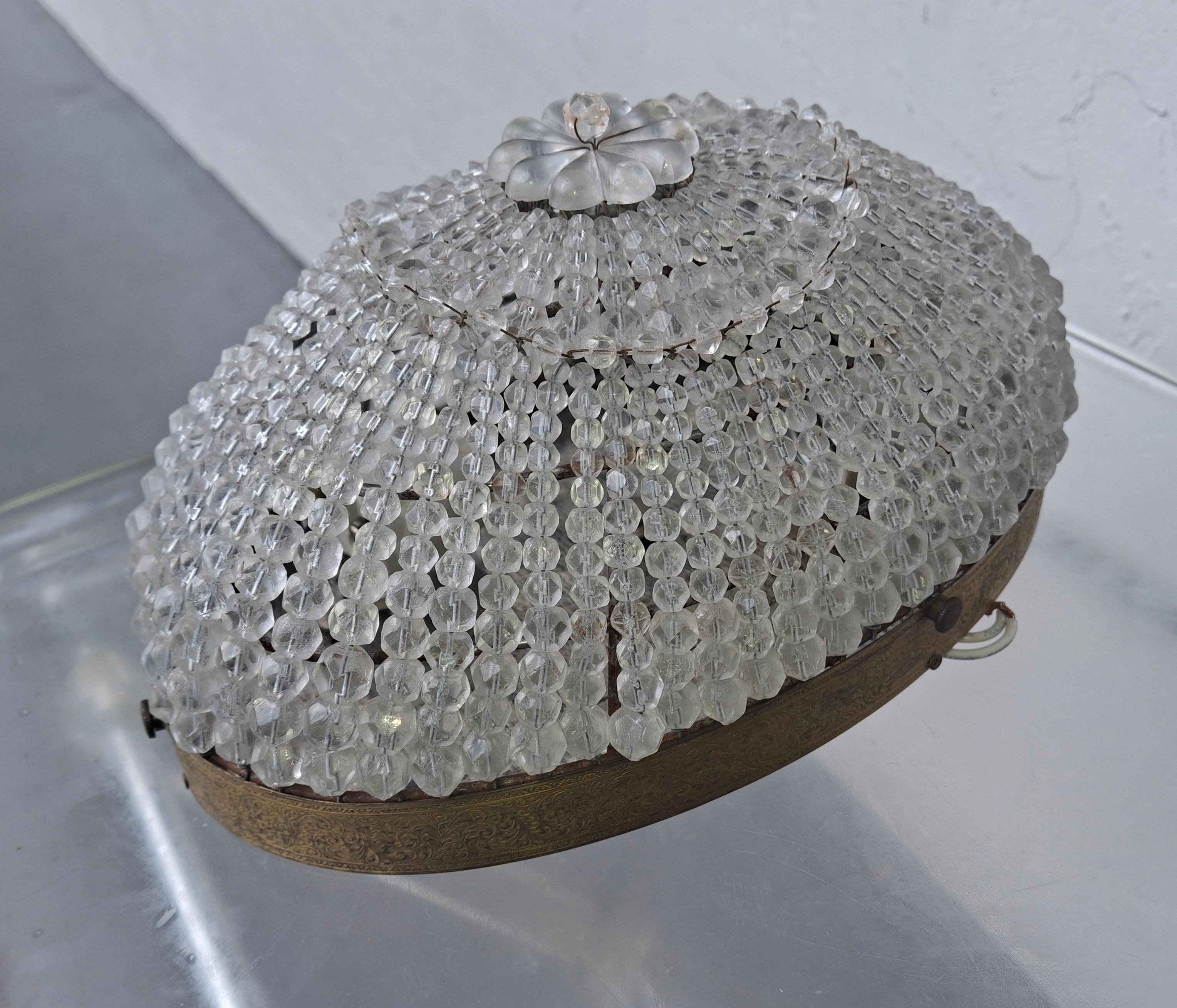 1940s Hollywood Regency Large Cut Crystal Beaded Dome Wall Sconce. Beautiful statement lighting. Crystal Beaded Dome set in original Gilt Metal frame. Ready to mount.