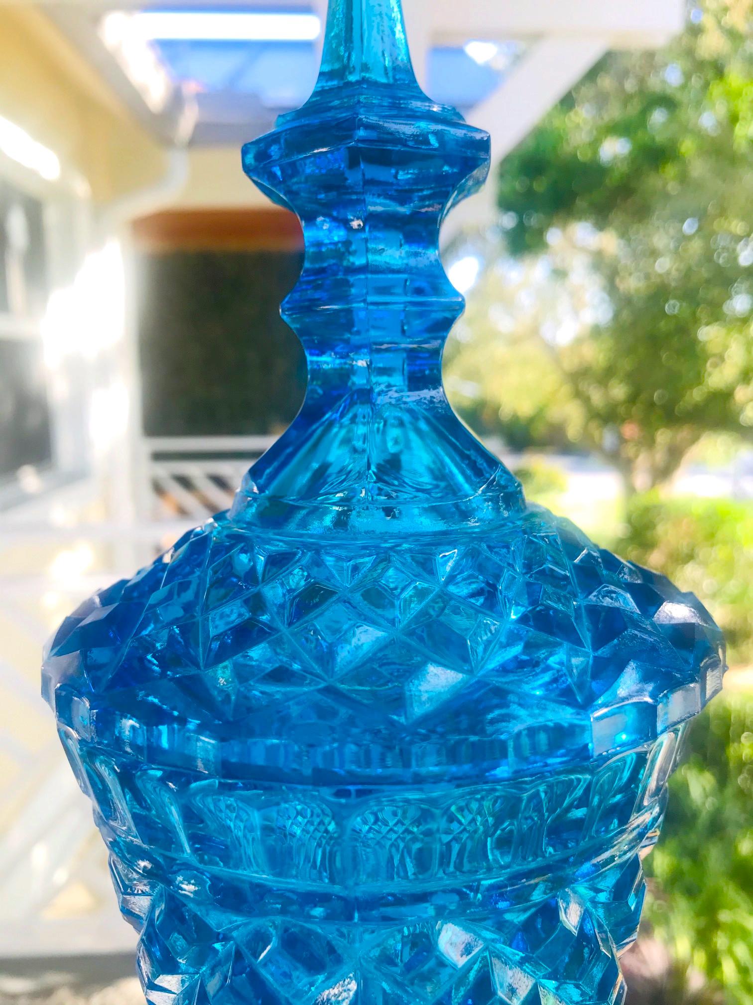 1940s Hollywood Regency Lidded Vase Jar in Vibrant Aqua Faceted Glass 3