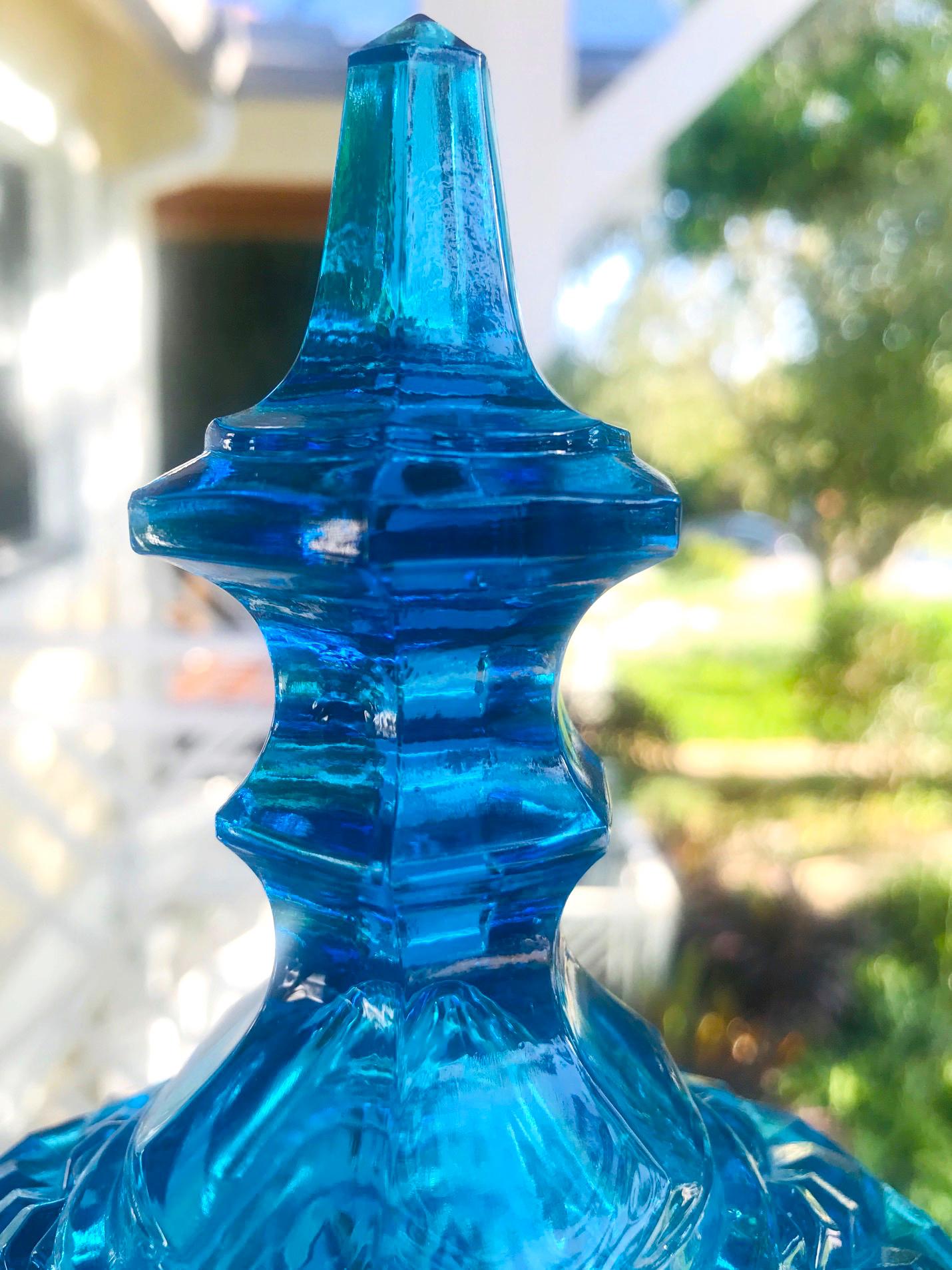 1940s Hollywood Regency Lidded Vase Jar in Vibrant Aqua Faceted Glass 4