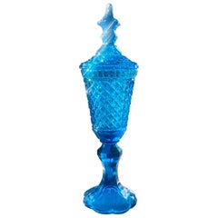 1940s Hollywood Regency Lidded Vase Jar in Vibrant Aqua Faceted Glass