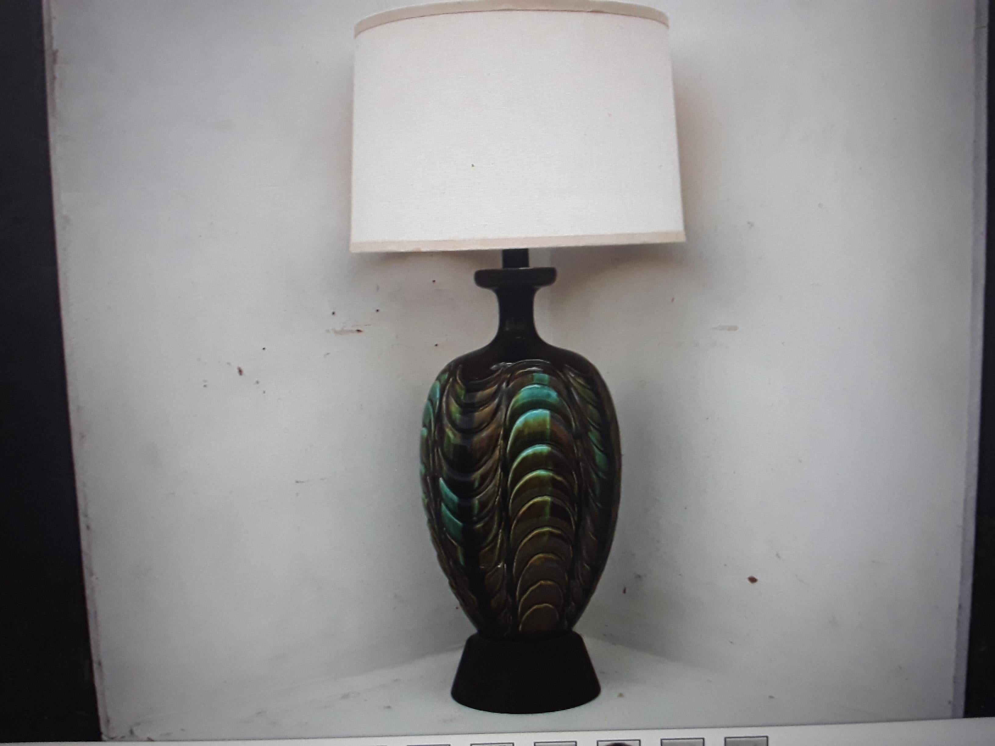 1940's Hollywood Regency Multi Color Earth Tones Glazed Table Lamp With Shade For Sale 5