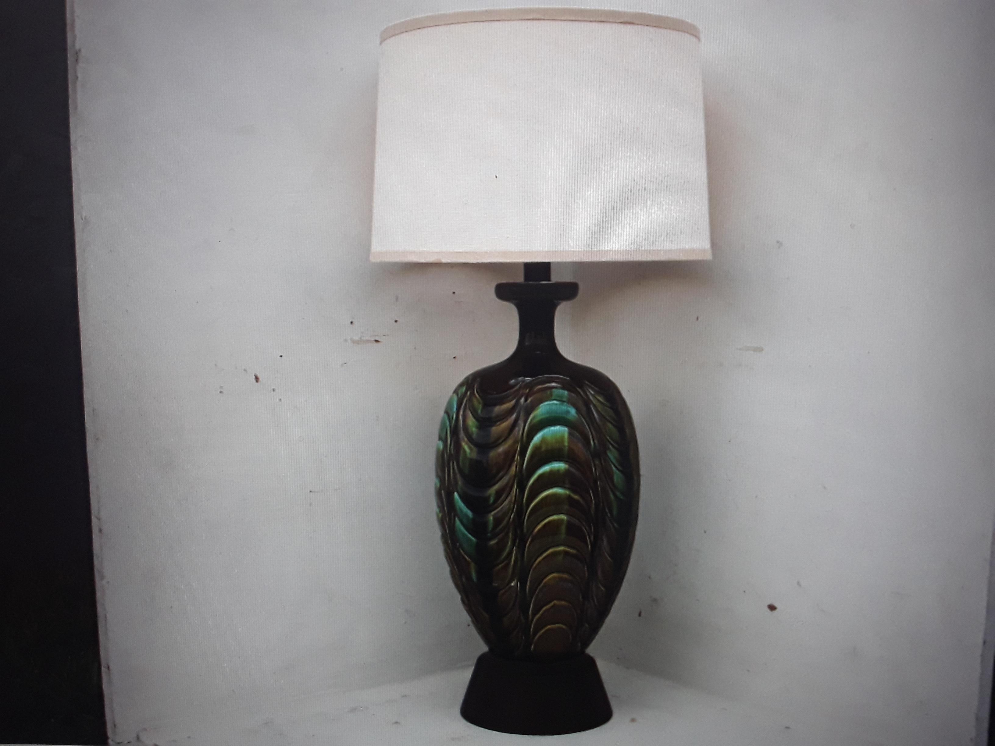 1940's Hollywood Regency Multi Color Earth Tones Glazed Table Lamp With Shade For Sale 6