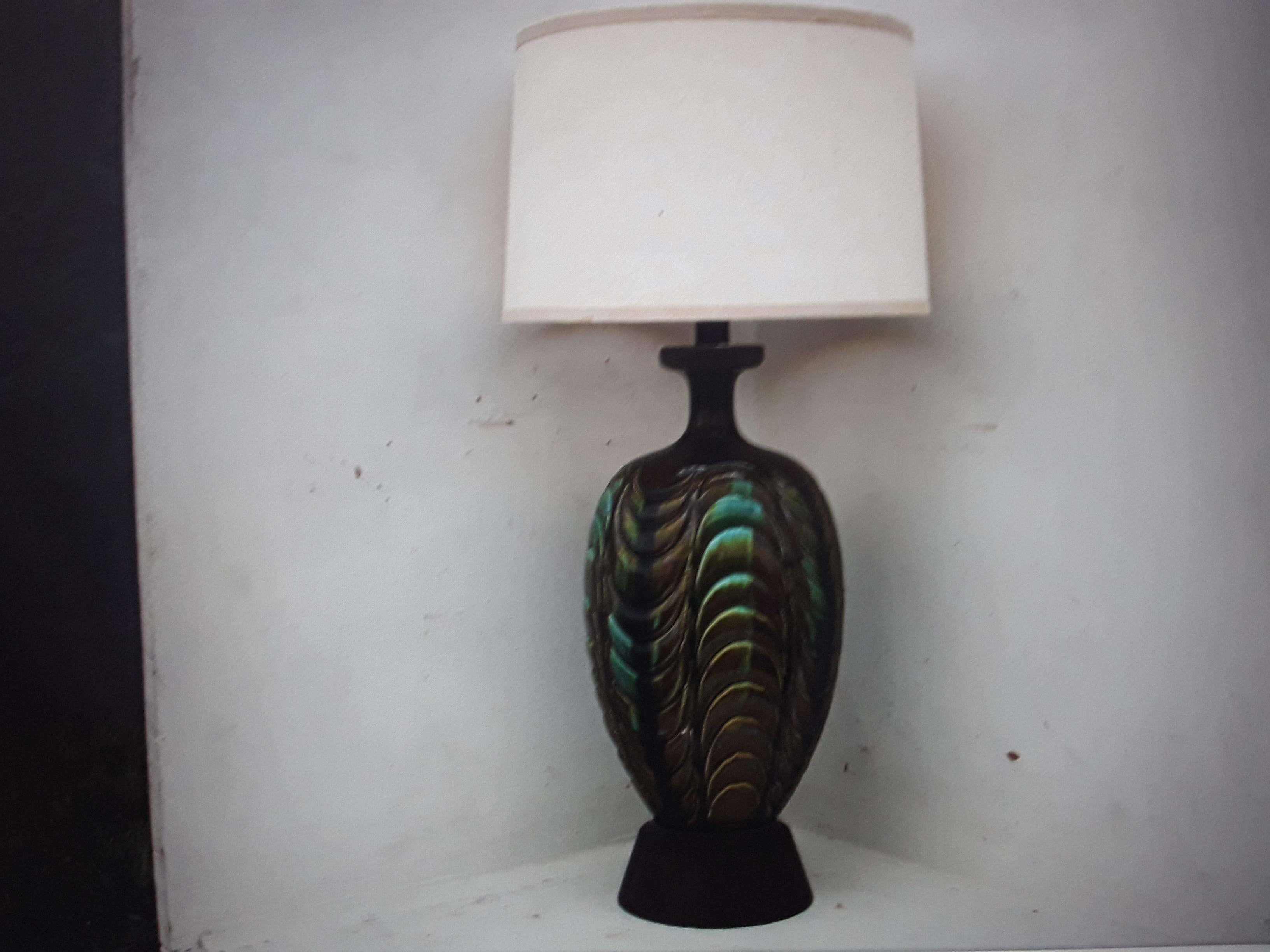 1940's Hollywood Regency Glazed Earth Toned Table Lamp. Shade is included.