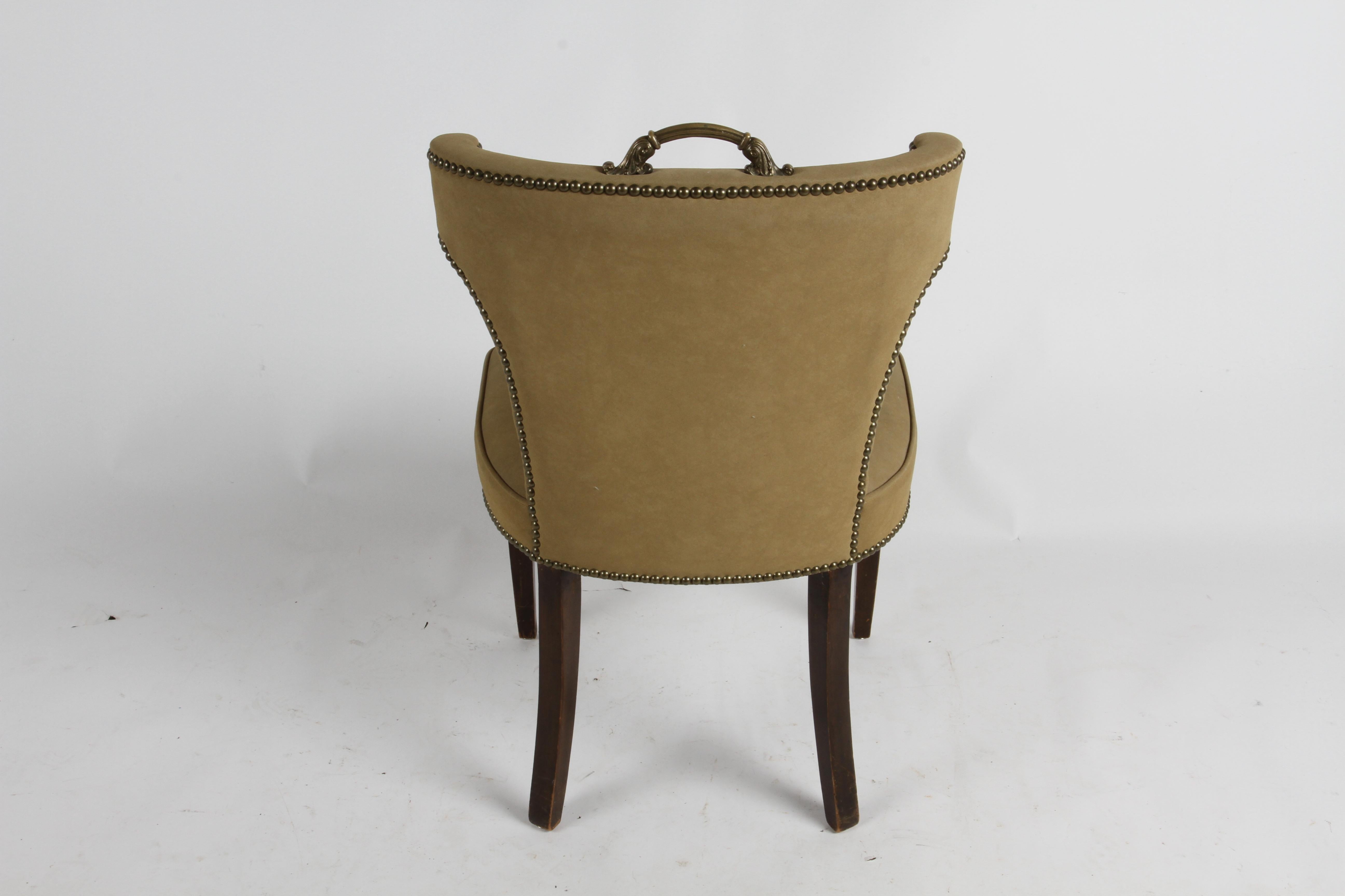 1940s Hollywood Regency Tan Suede Desk Chair with Brass Handle & Nailhead Trim For Sale 3