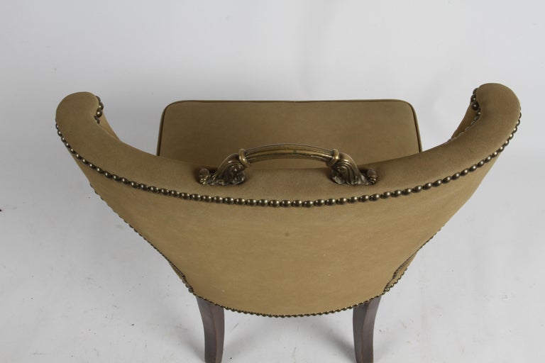 1940s Hollywood Regency Tan Suede Desk Chair with Brass Handle & Nailhead Trim For Sale 5