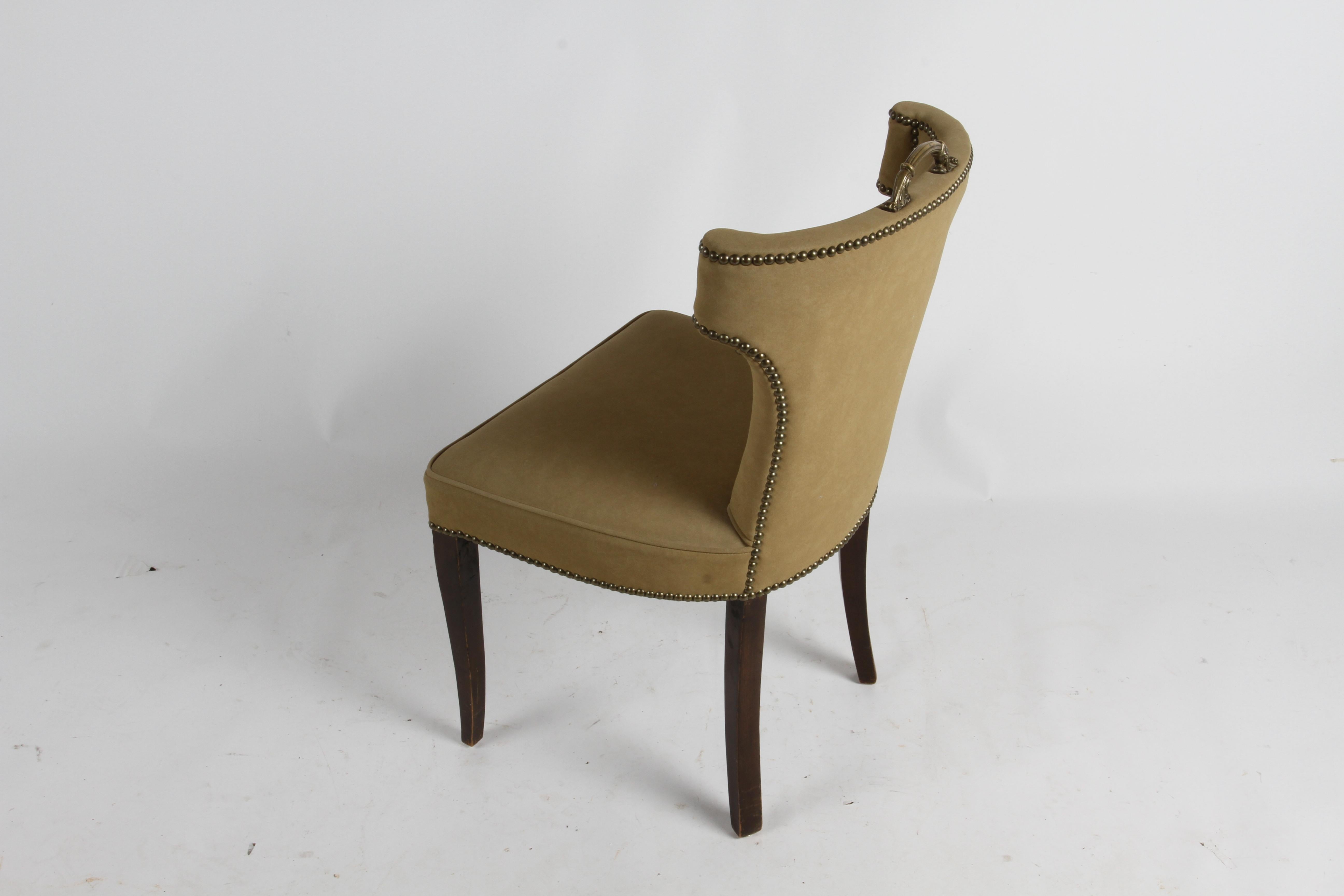 1940s Hollywood Regency Tan Suede Desk Chair with Brass Handle & Nailhead Trim For Sale 5