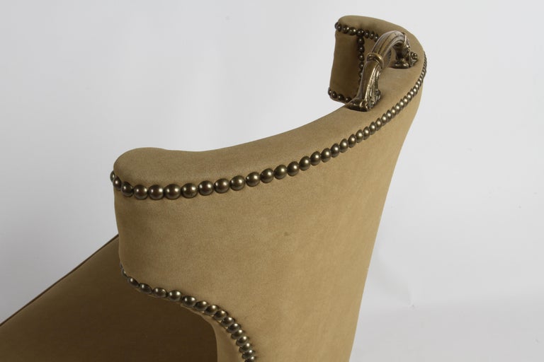 1940s Hollywood Regency Tan Suede Desk Chair with Brass Handle & Nailhead Trim For Sale 7