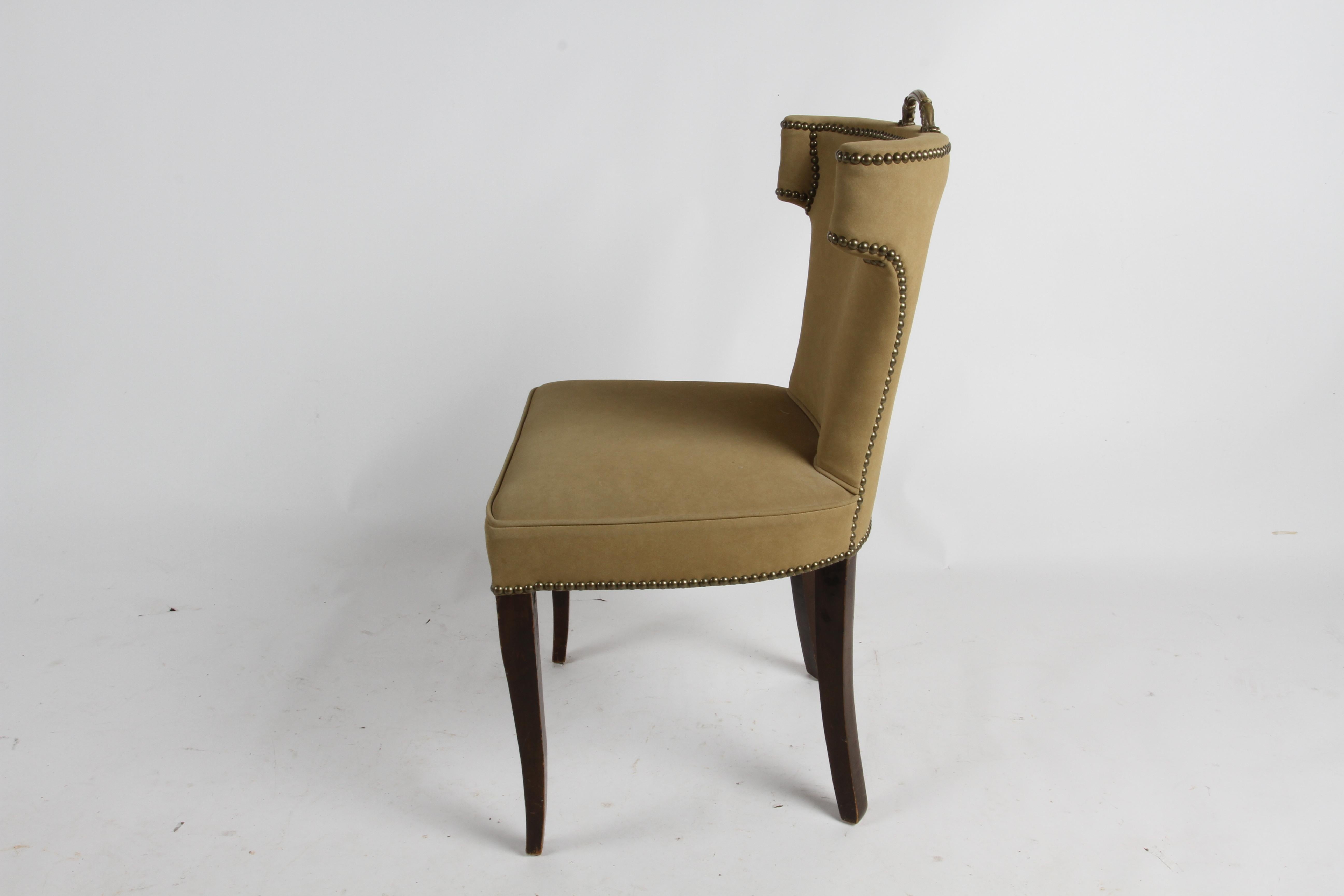 1940s Hollywood Regency Tan Suede Desk Chair with Brass Handle & Nailhead Trim For Sale 7