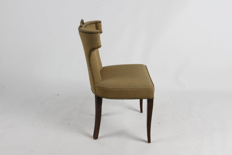Mid-Century Modern 1940s Hollywood Regency Tan Suede Desk Chair with Brass Handle & Nailhead Trim For Sale