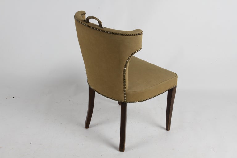 American 1940s Hollywood Regency Tan Suede Desk Chair with Brass Handle & Nailhead Trim For Sale