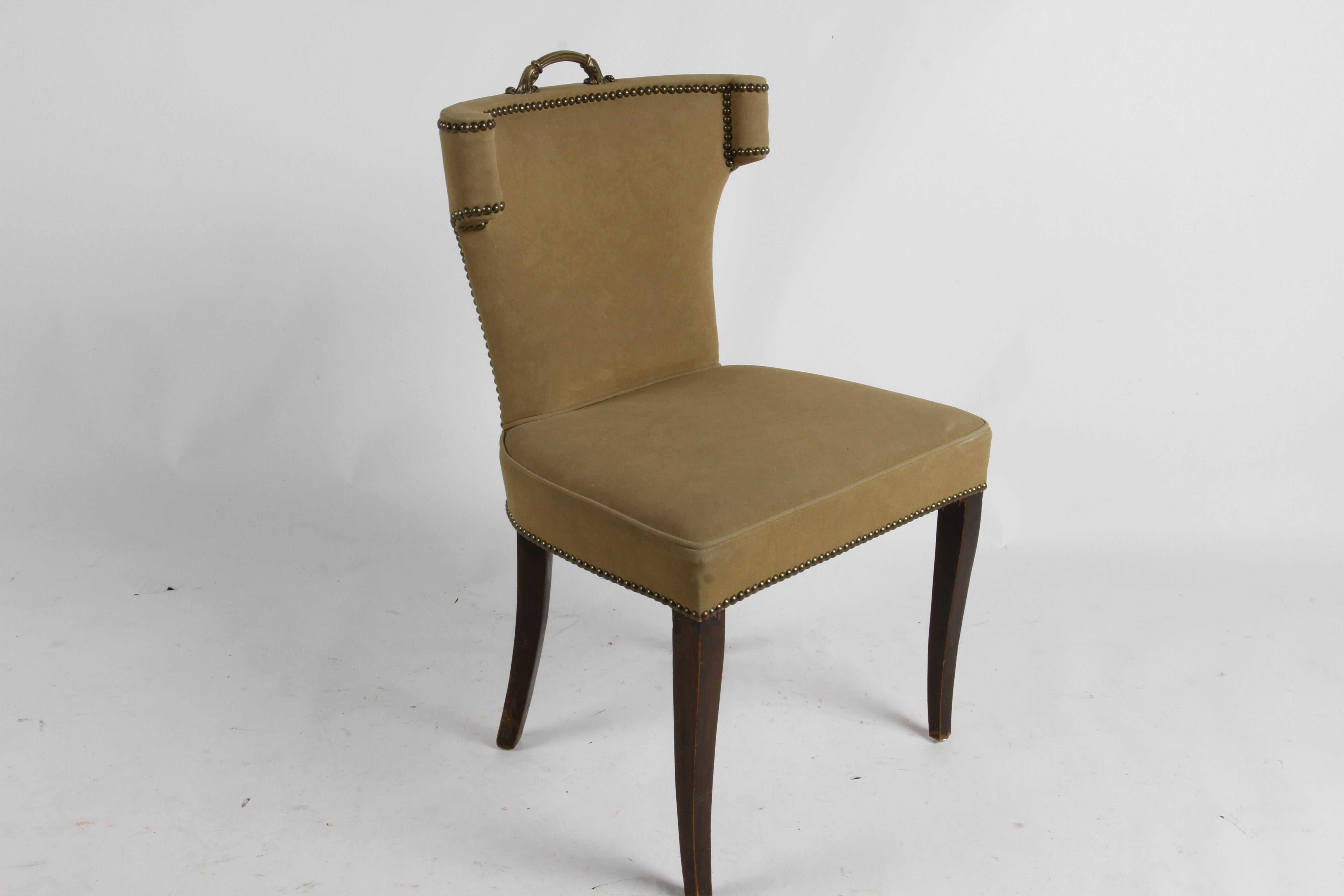Mid-20th Century 1940s Hollywood Regency Tan Suede Desk Chair with Brass Handle & Nailhead Trim For Sale