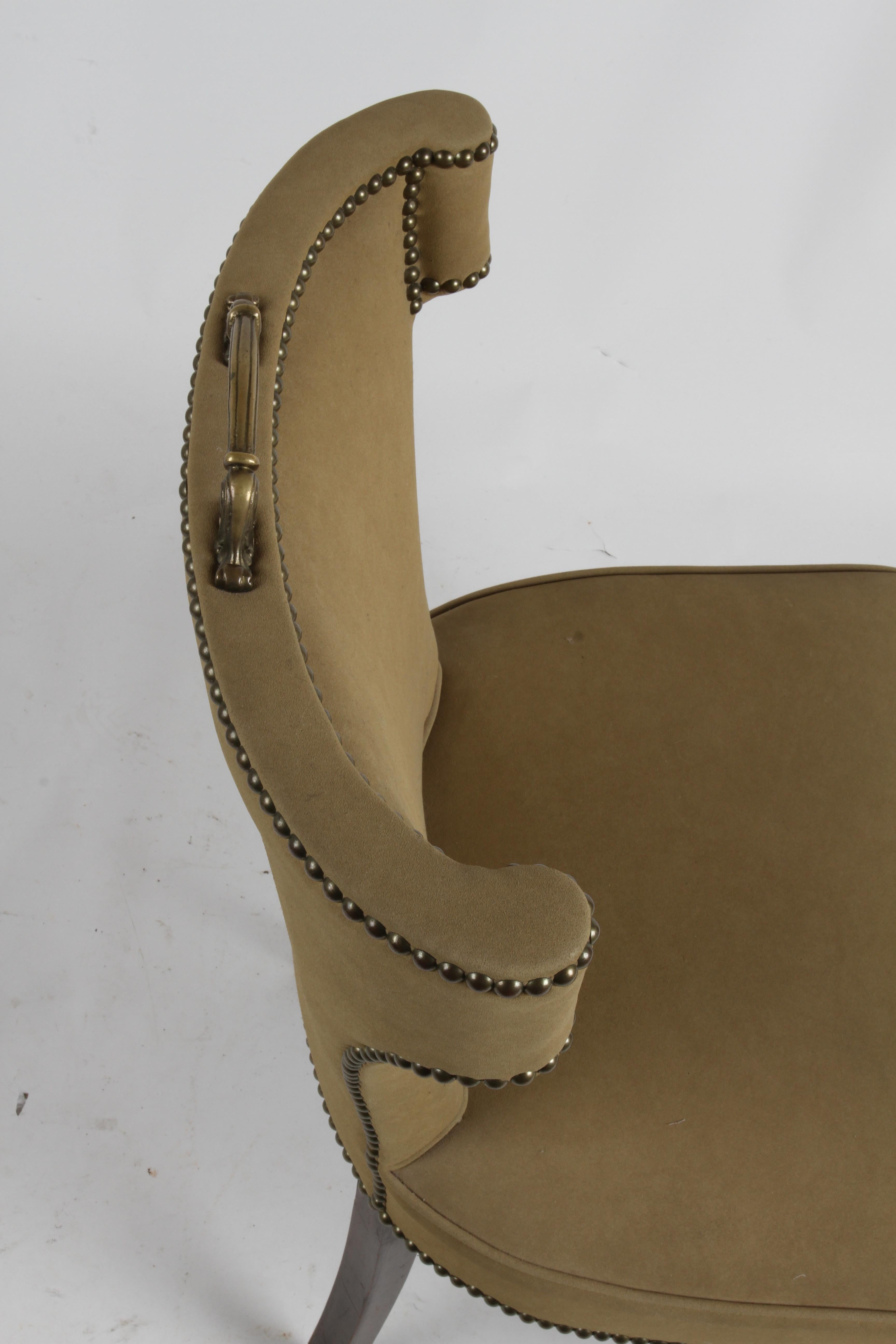 1940s Hollywood Regency Tan Suede Desk Chair with Brass Handle & Nailhead Trim For Sale 1