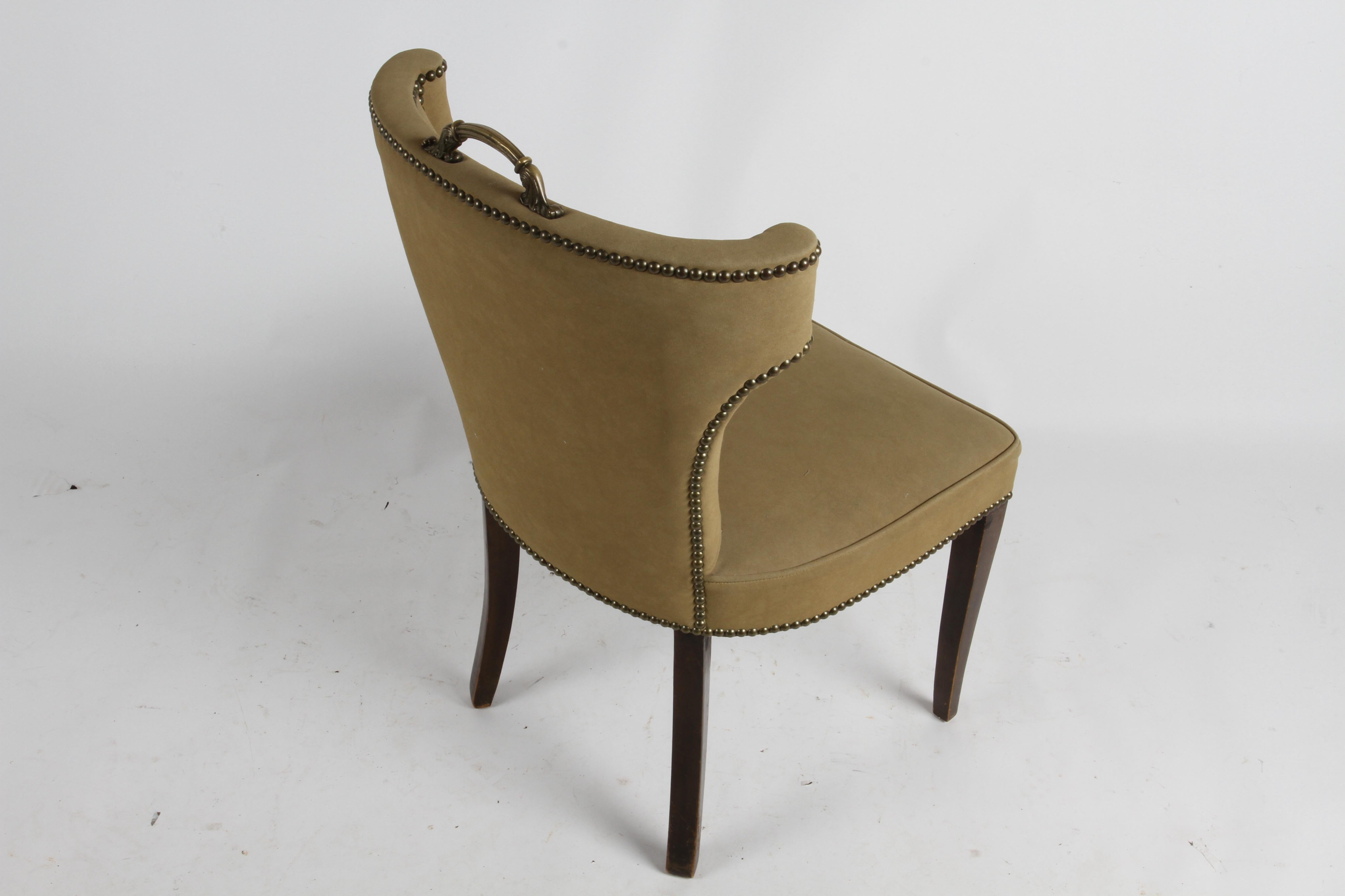 1940s Hollywood Regency Tan Suede Desk Chair with Brass Handle & Nailhead Trim For Sale 2