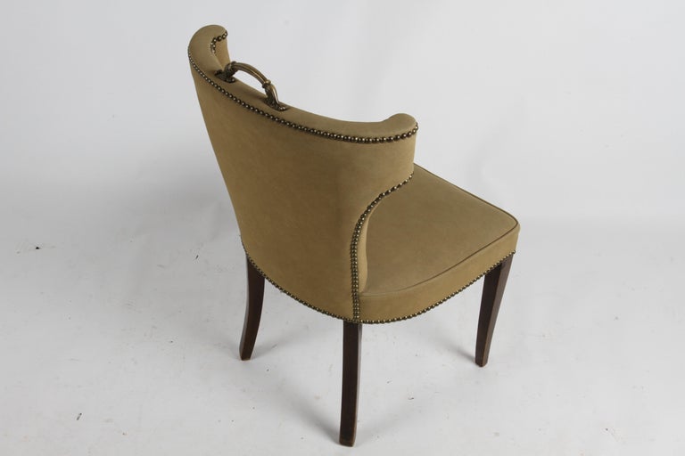 1940s Hollywood Regency Tan Suede Desk Chair with Brass Handle & Nailhead Trim For Sale 3