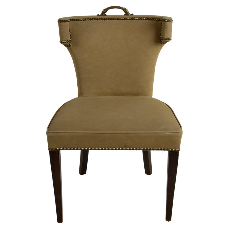 1940s Hollywood Regency Tan Suede Desk Chair with Brass Handle & Nailhead Trim For Sale