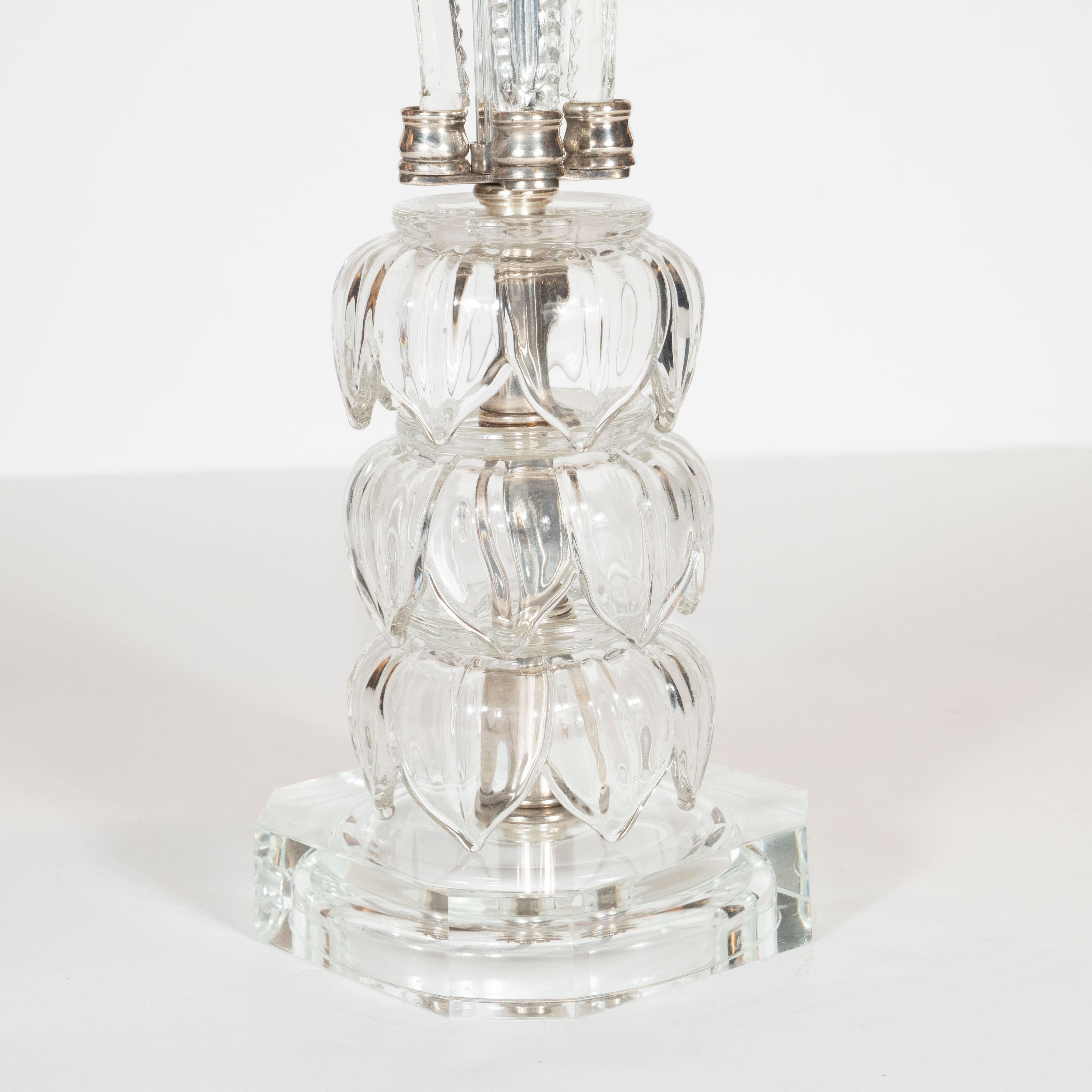 Silver Plate 1940s Hollywood Regency Translucent Cut Crystal Table Lamp with Acanthus Details For Sale