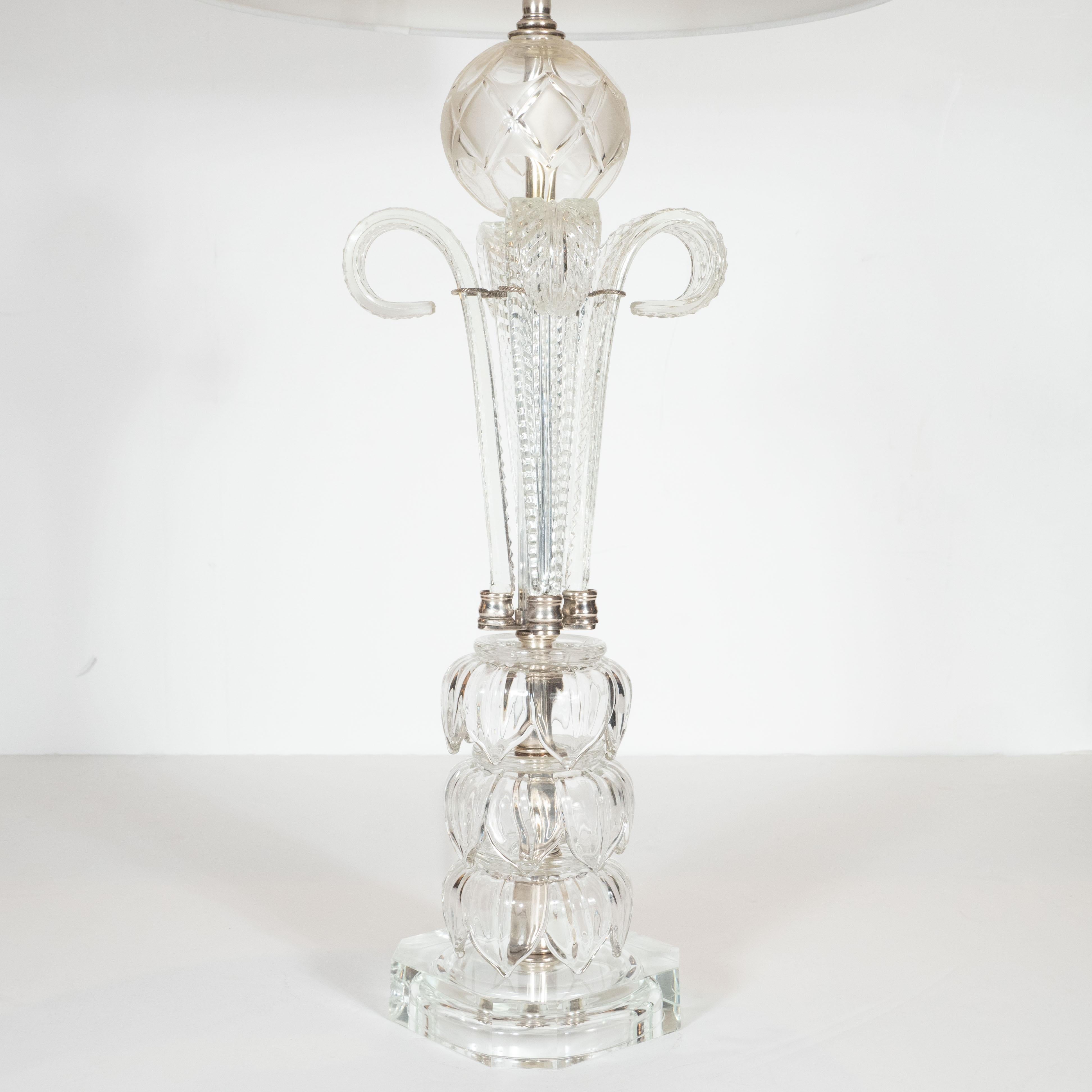 1940s Hollywood Regency Translucent Cut Crystal Table Lamp with Acanthus Details For Sale 1