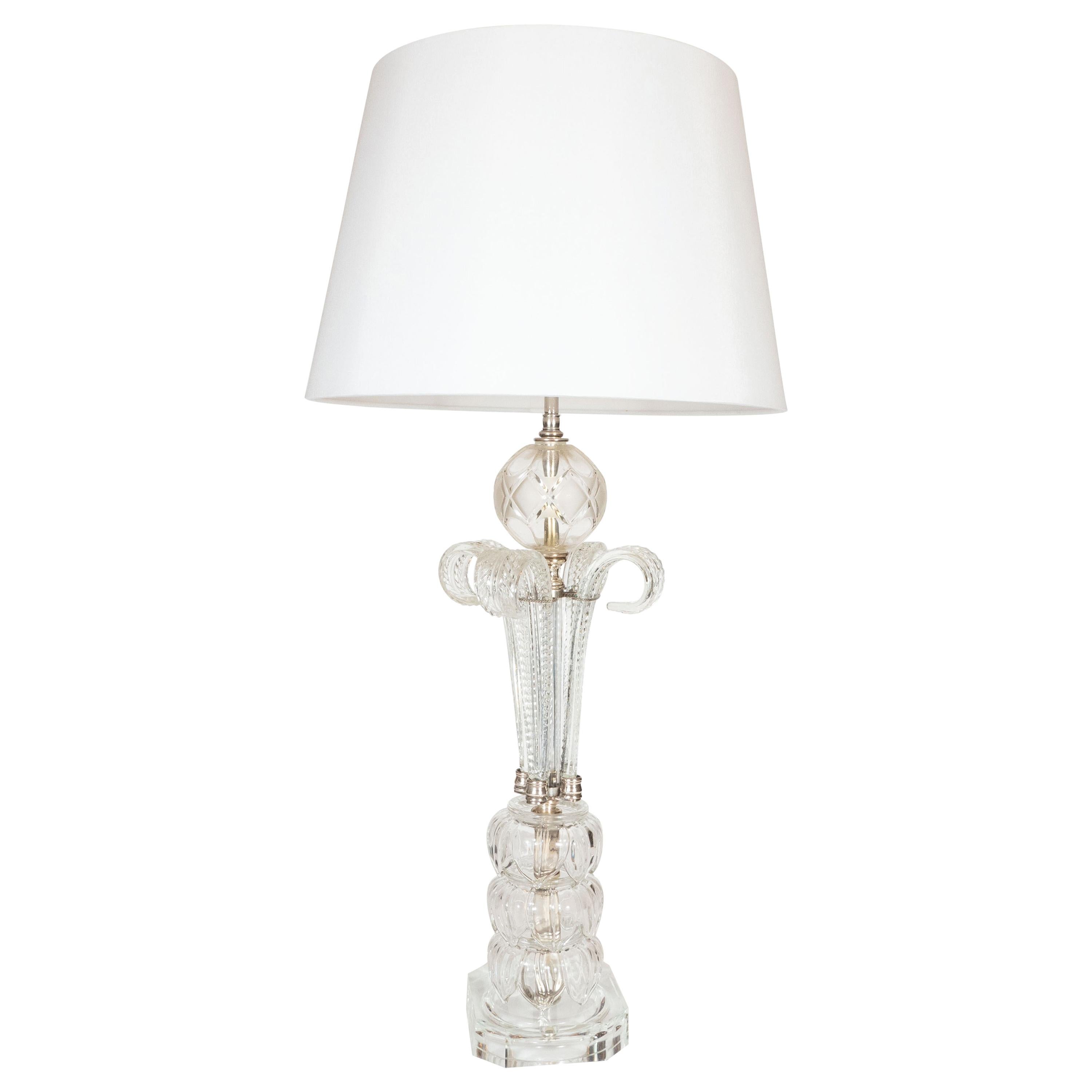 1940s Hollywood Regency Translucent Cut Crystal Table Lamp with Acanthus Details For Sale