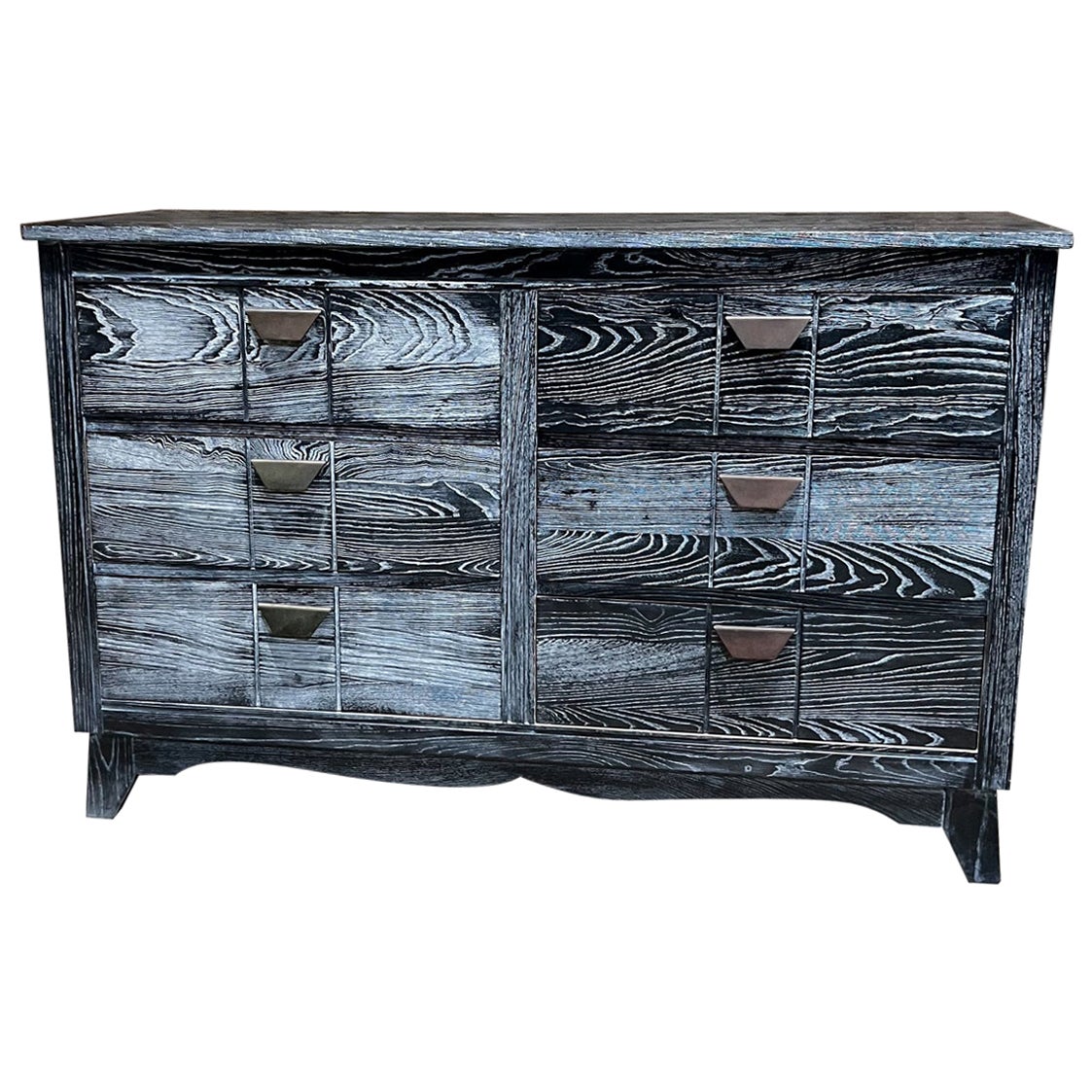 1940s Hollywood Starline Los Angeles Double Dresser Black Cerused Oak & Brass