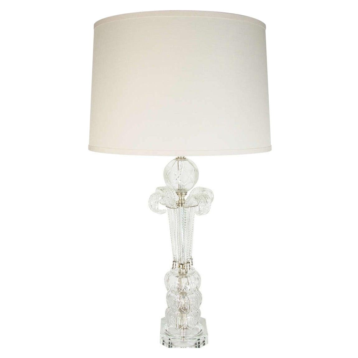 1940s Hollywood Translucent Cut Crystal Table Lamp with Acanthus Details