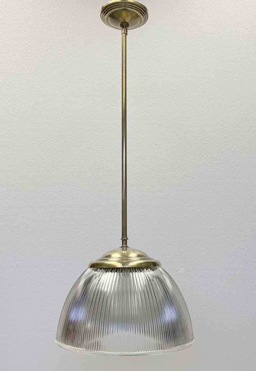 1940s Industrial Holophane glass globe with a brass pole fitter. Cleaned and rewired. Small quantity available at time of posting. Priced each. Please inquire. Please note, this item is located in our Scranton, PA location.