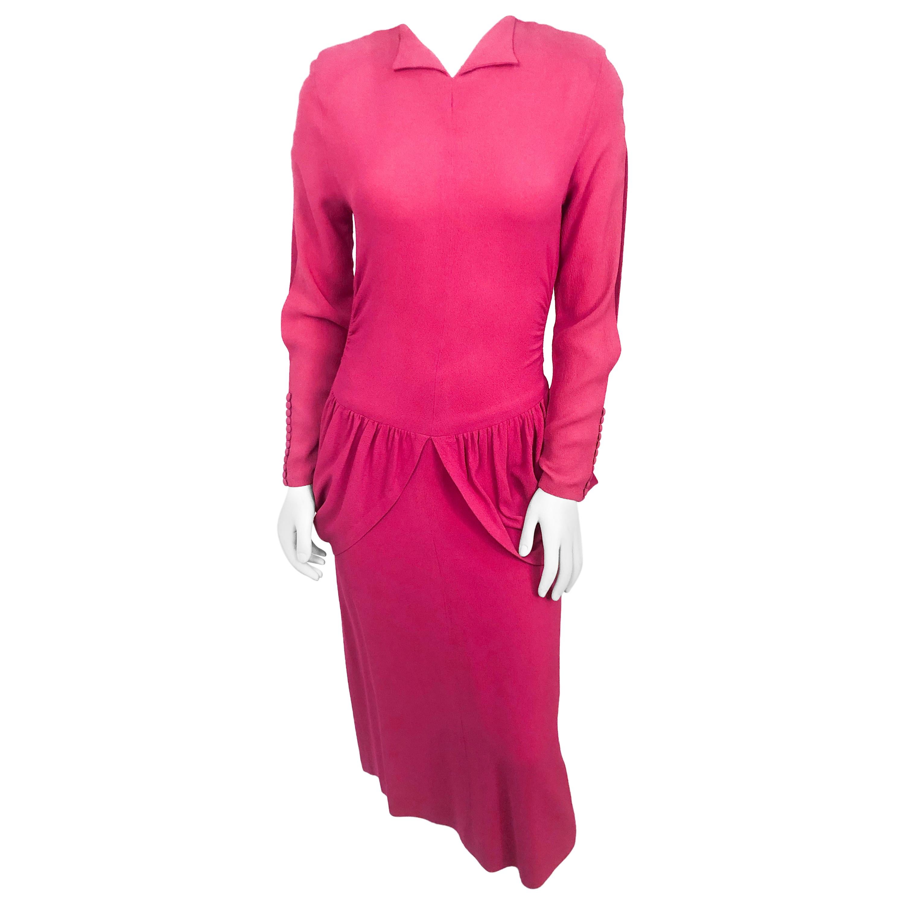 1940s Hot Pink Dress with Flounces and Draped Panels 
