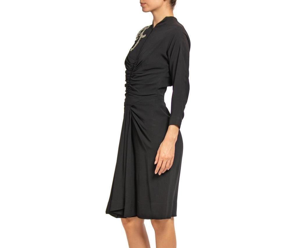 1940S HOWARD GREER Black Silk Crepe Cocktail Dress With Beaded Shoulder Detail For Sale 1
